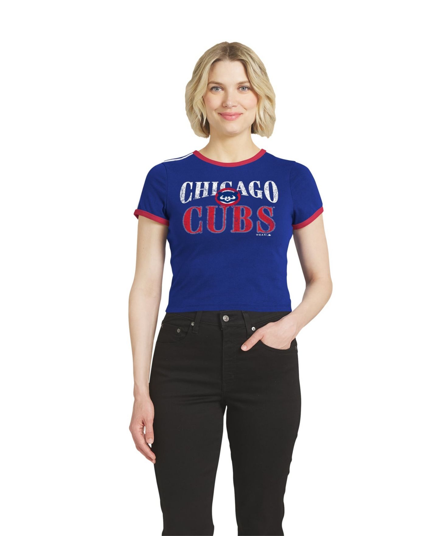 Женская футболка WEAR by Erin Andrews Royal Chicago Cubs Cropped Throwback Ringer Baby T-Shirt — фото 1