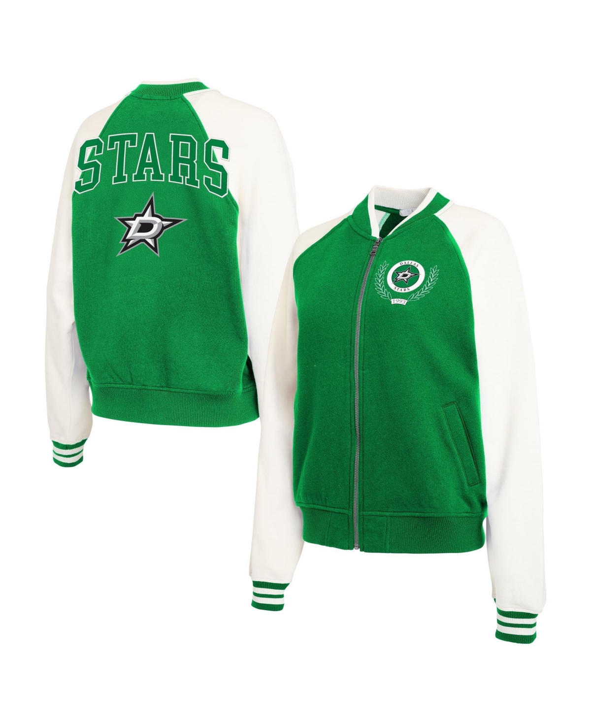Wear by Erin Andrews Women's Kelly Green/White Dallas Stars Fleece Varsity Full-Zip Jacket