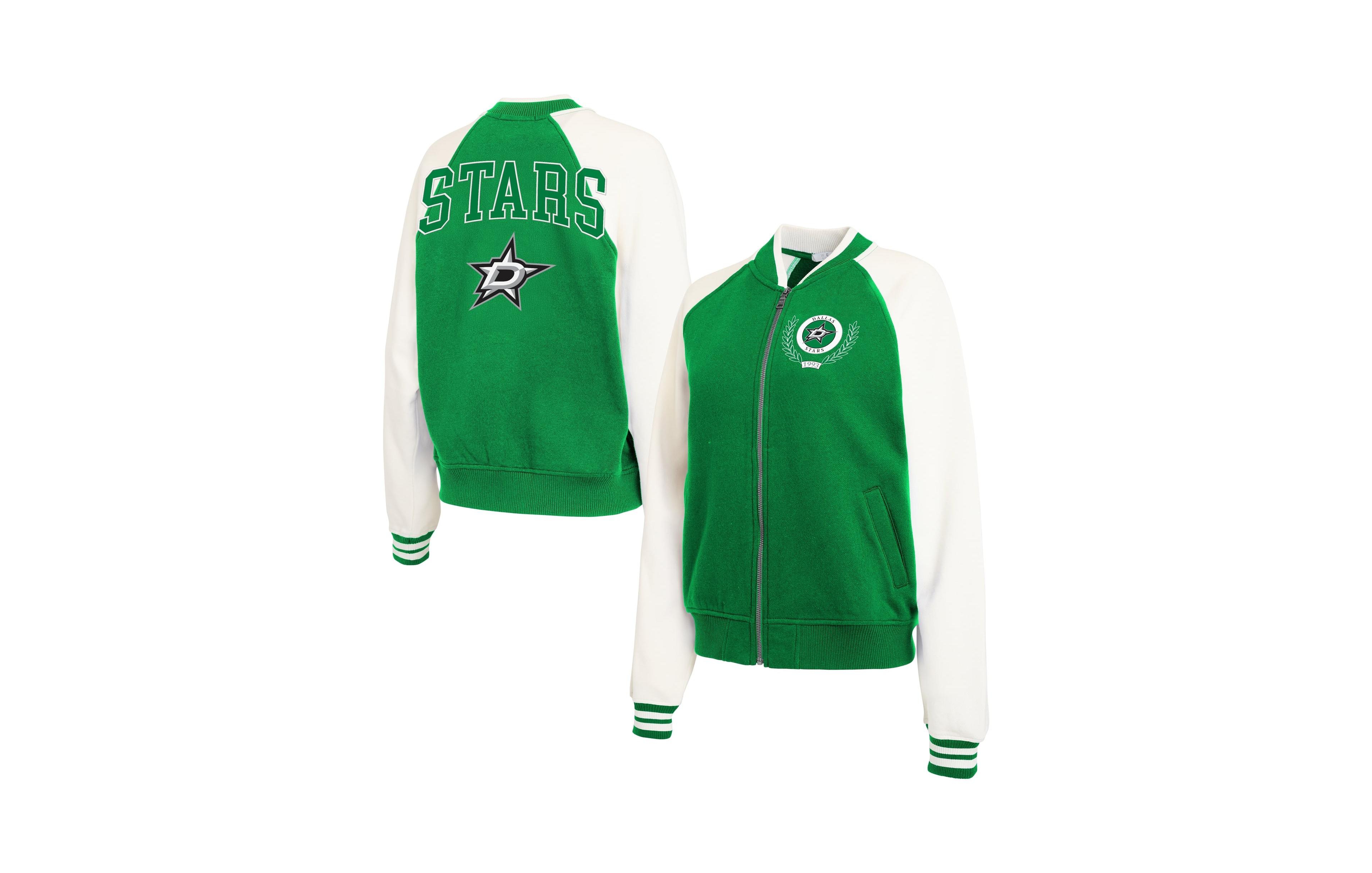 Wear by Erin Andrews Women's Kelly Green/White Dallas Stars Fleece Varsity Full-Zip Jacket
