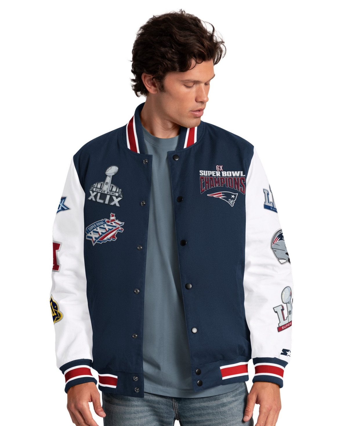 Starter Men's Navy New England Patriots Playoffs Varsity Full-Snap Jacket
