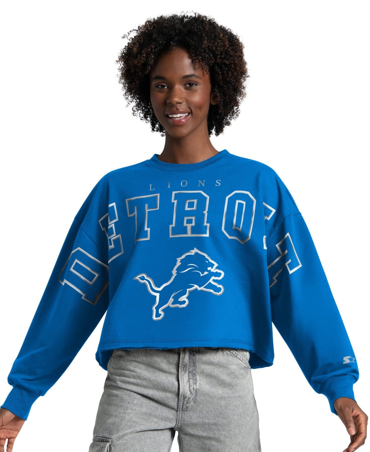 Starter Women's Blue Detroit Lions Bleachers Cropped Sweatshirt