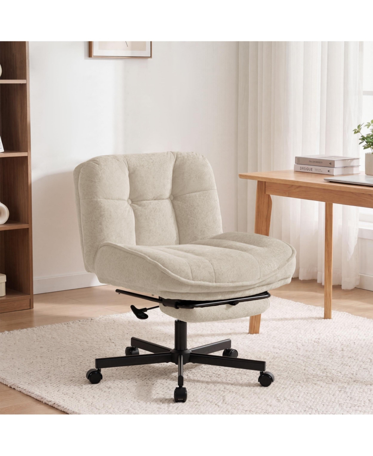 Vabches Contemporary Ergonomic Adjustable Height Swivel Velvet Low Back Armless Reclining Office Chair with Foot Rest - Beige