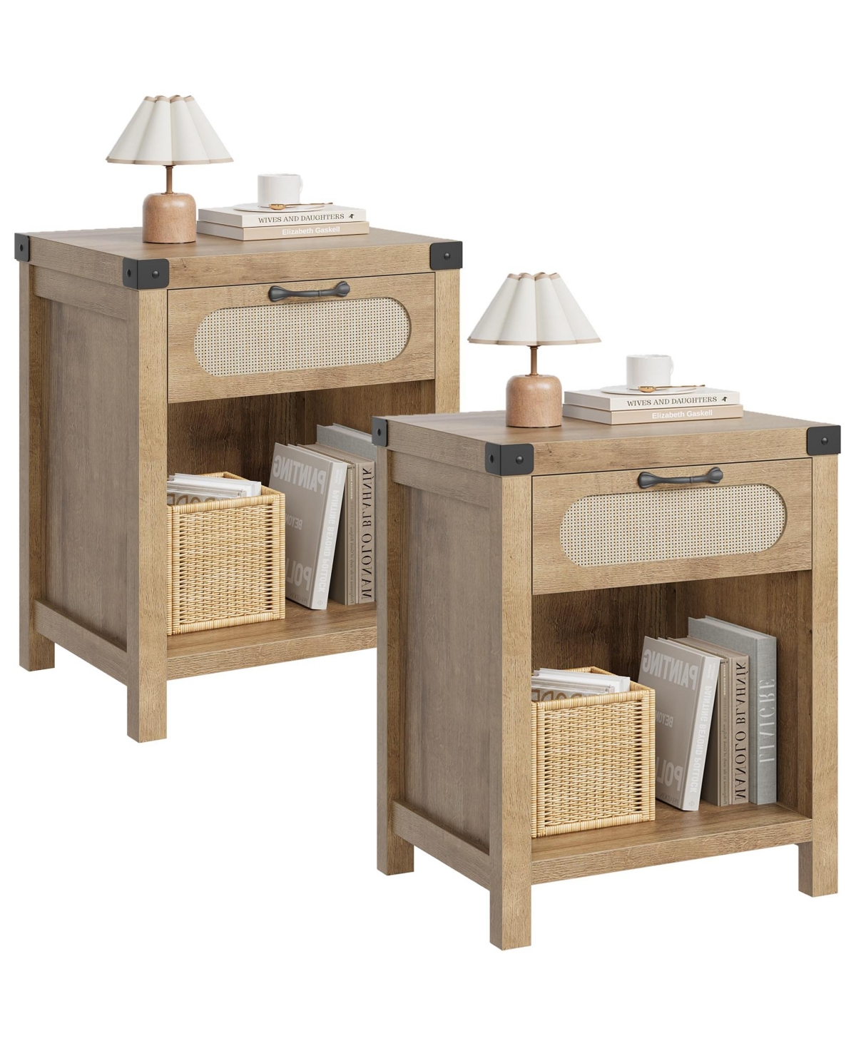 homfan Boho Rattan Nightstand Set of 2, Mid Century Bedside Table with Drawer and Open Storage Shelf, Wooden End Side Table
