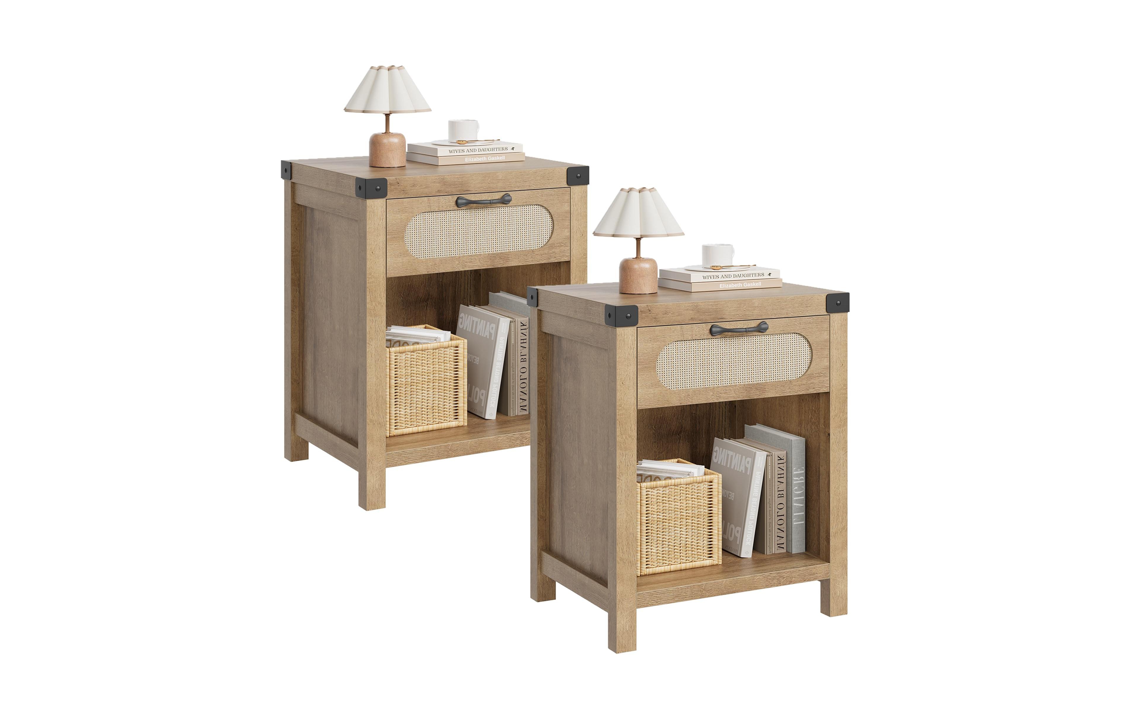 homfan Boho Rattan Nightstand Set of 2, Mid Century Bedside Table with Drawer and Open Storage Shelf, Wooden End Side Table