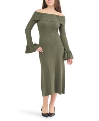 Women's Off-the-Shoulder Fitted Flounced-Sleeve Midi Dress