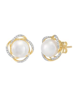 Cultured Freshwater Pearl Love Knot Diamond Stud Earrings (1/10 ct. t.w.) in 10k Yellow Gold