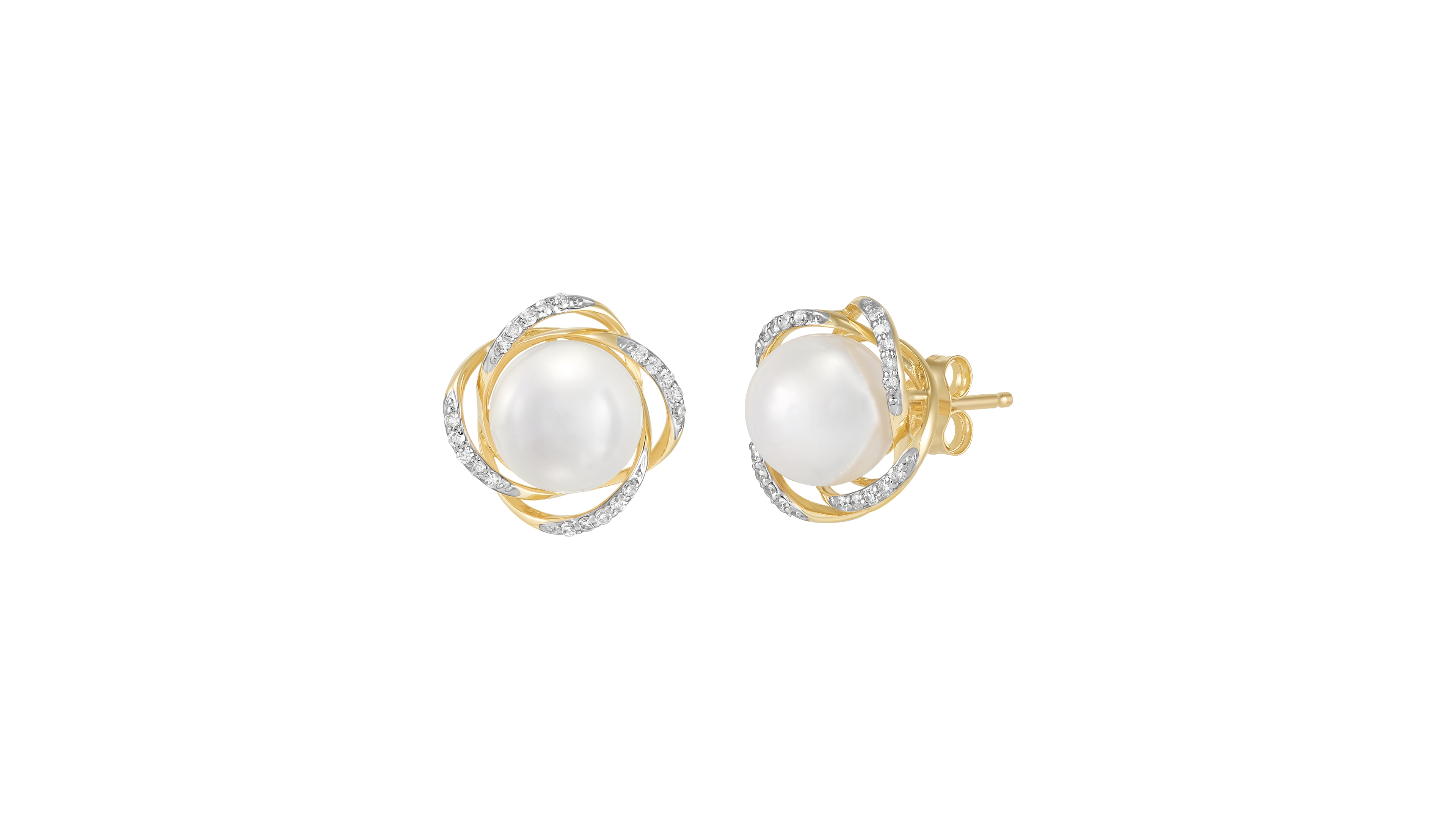 Honora Cultured Freshwater Pearl Love Knot Diamond Stud Earrings (1/10 ct. t.w.) in 10k Yellow Gold