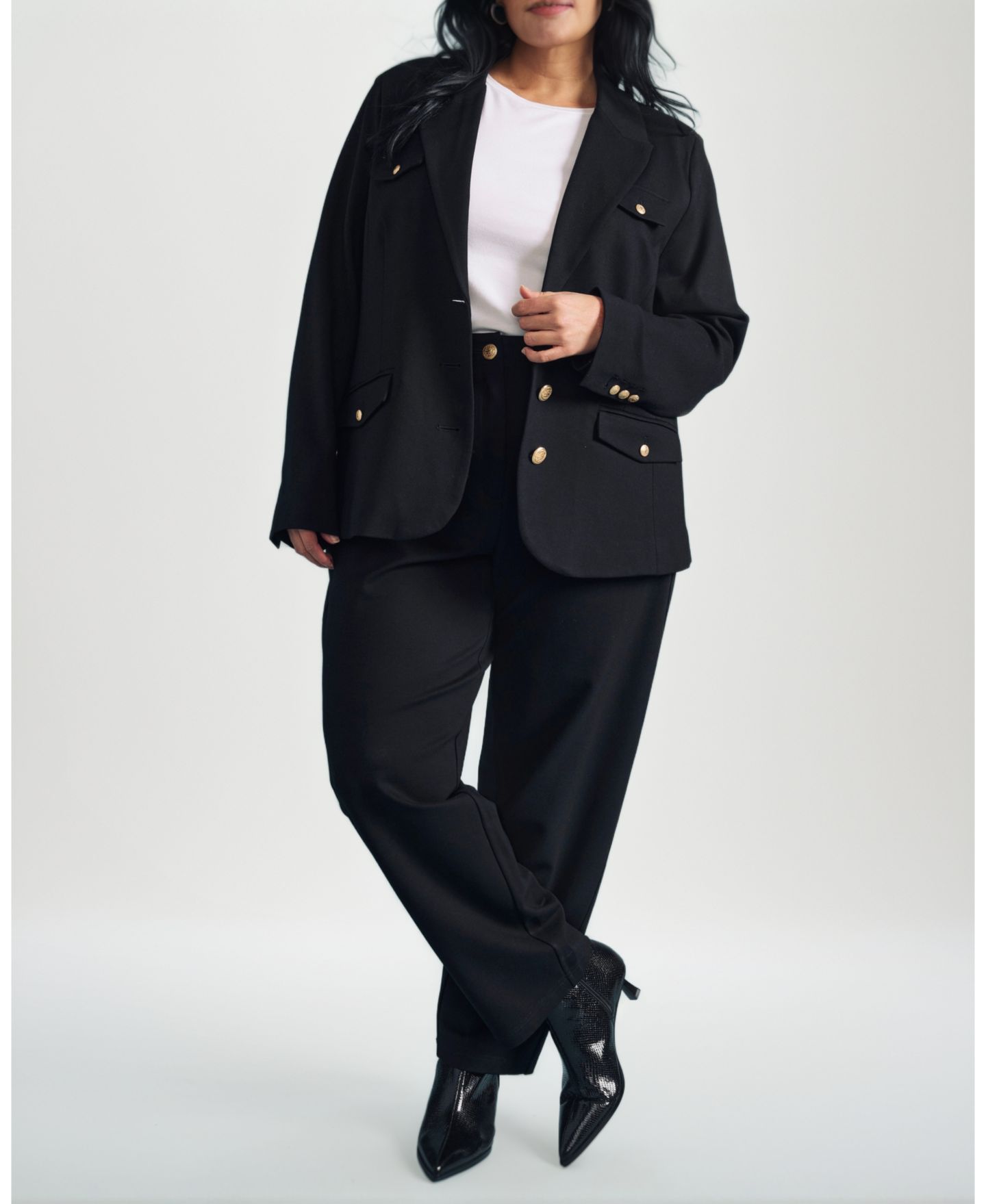 Женский пиджак Universal Standard Plus Size 4 Pocket Ponte Blazer, цвет: Чёрный / Золотой — фото 7