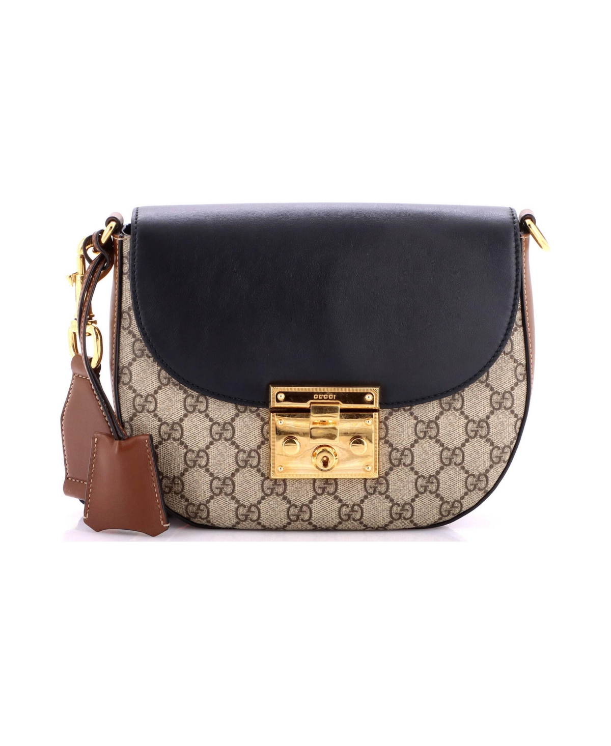 Pre-Owned Gucci Medium Padlock Saddle Shoulder Bag Gg Coated Canvas and Leather - Black