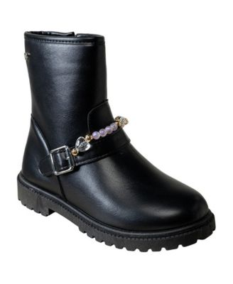 Little Girls Beaded Bracelet Heart Rivet Chunky Lug Sole Faux Leather Boots