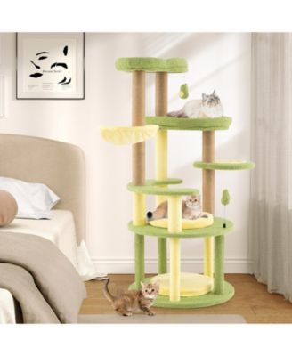 Multi-Level Avocado Cat Tower with Wide Perch and Rotatable Basket