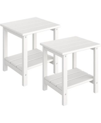 Set of 2 Outdoor Adirondack Side Tables with Lower Shelf - 2-Tier Wood-Look HDPE Patio End Tables - 18.1 x 15.7 x 16.1 in - Table
