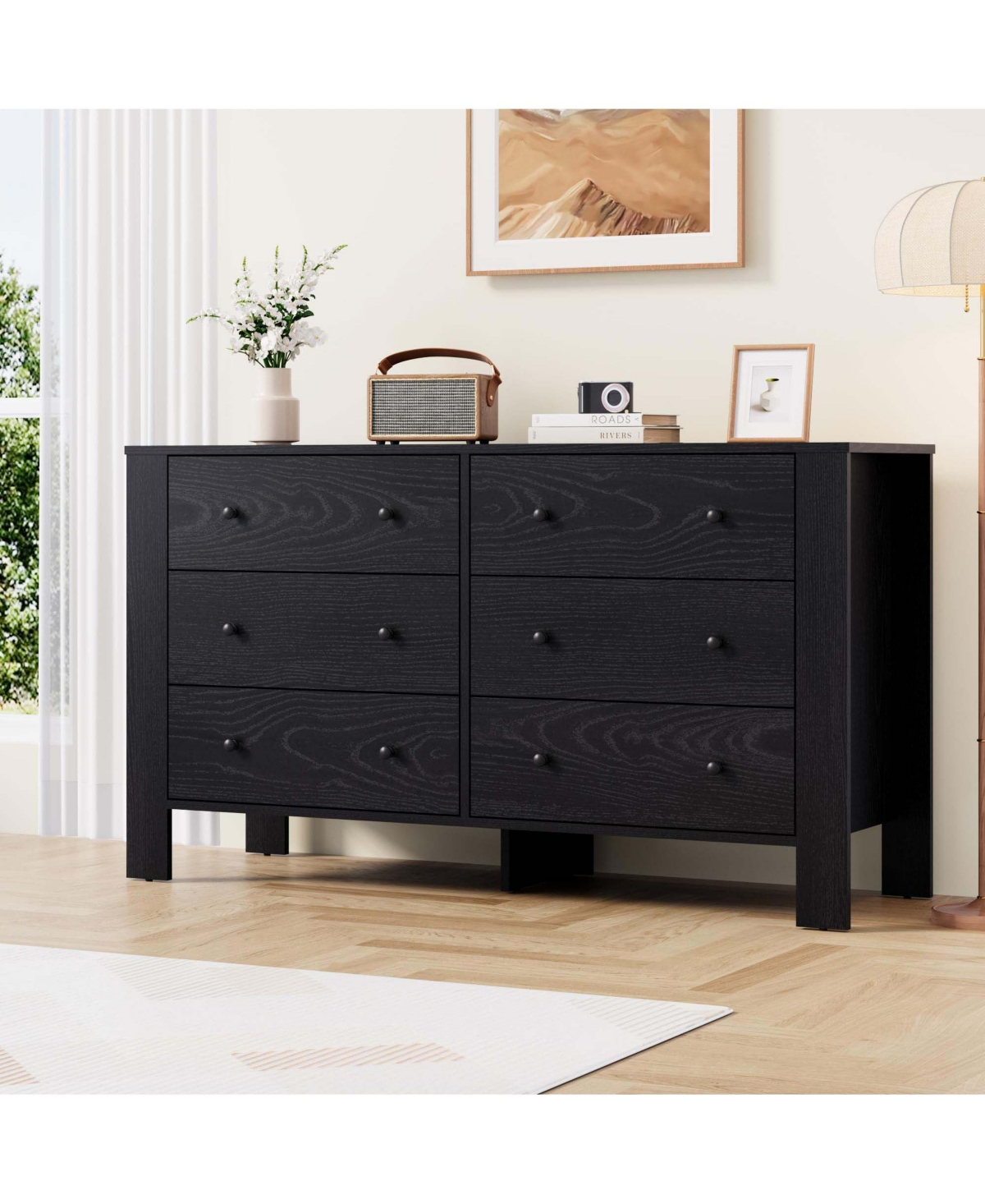 homfan Wide 6 Drawer Dresser Modern Wooden Chest Deep Storage Metal Knobs for Bedroom Kids Room Entryway Home Office