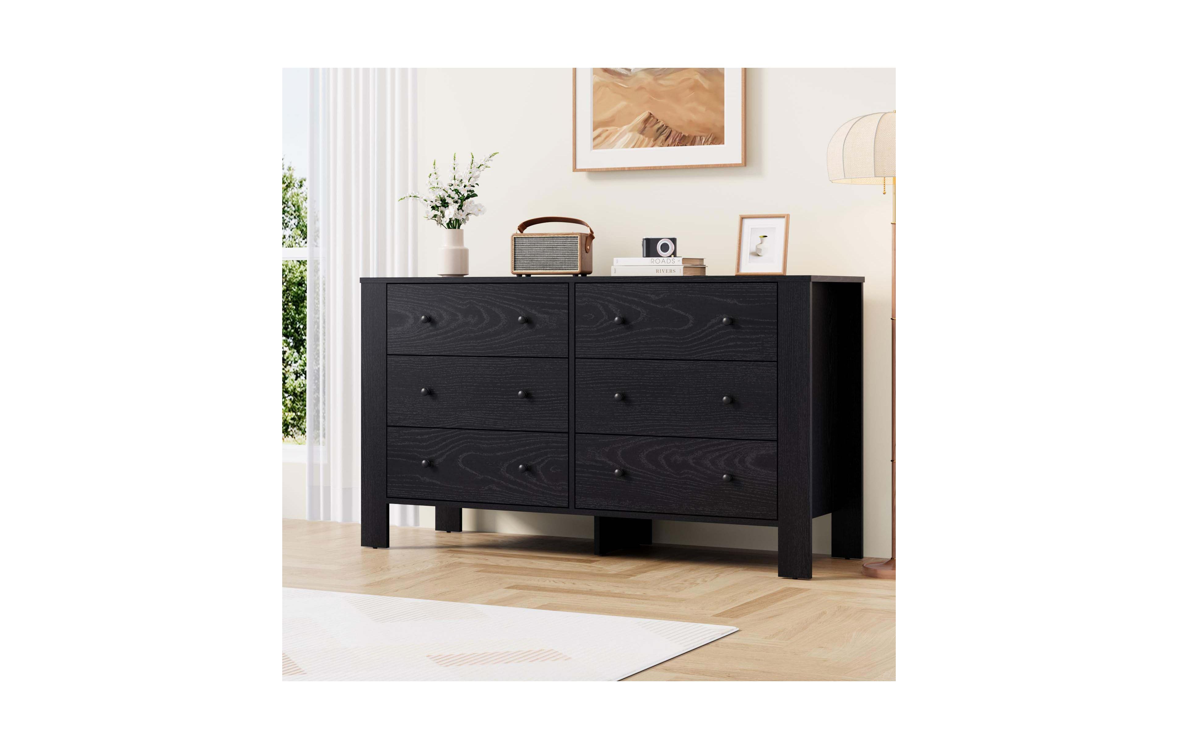 homfan Wide 6 Drawer Dresser Modern Wooden Chest Deep Storage Metal Knobs for Bedroom Kids Room Entryway Home Office