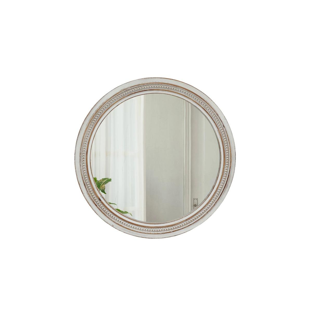 Busdays 27.56 Inch Round Wall Mirror Vintage Farmhouse Decorative Mirror with Distressed Wood Beaded Frame for Bathroom Bedroom Living Room