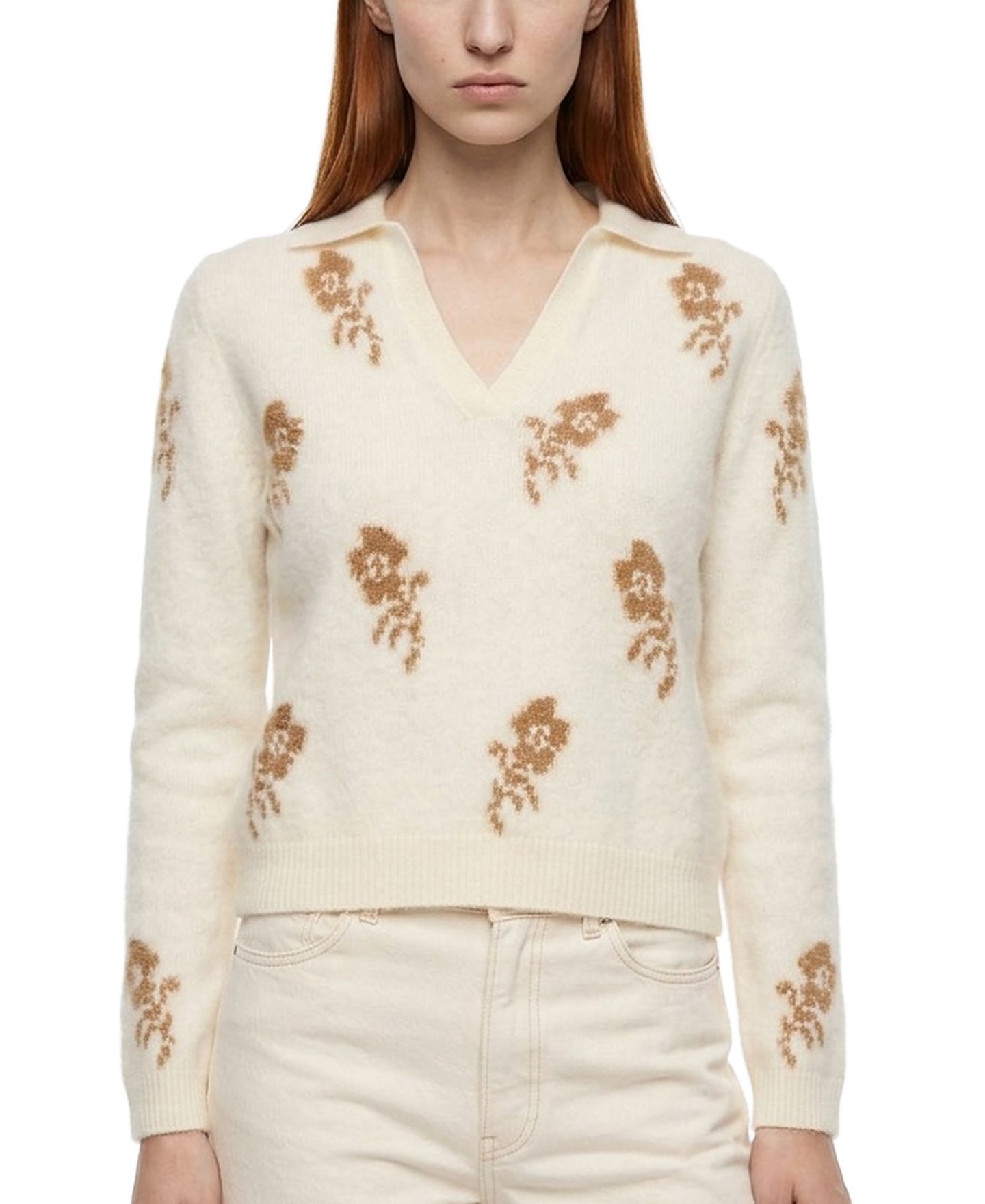 Женский свитер Elie Tahari The Raelynn Cashmere Floral Collared Split-Neck, цвет: Белый / Коричневый — фото 1