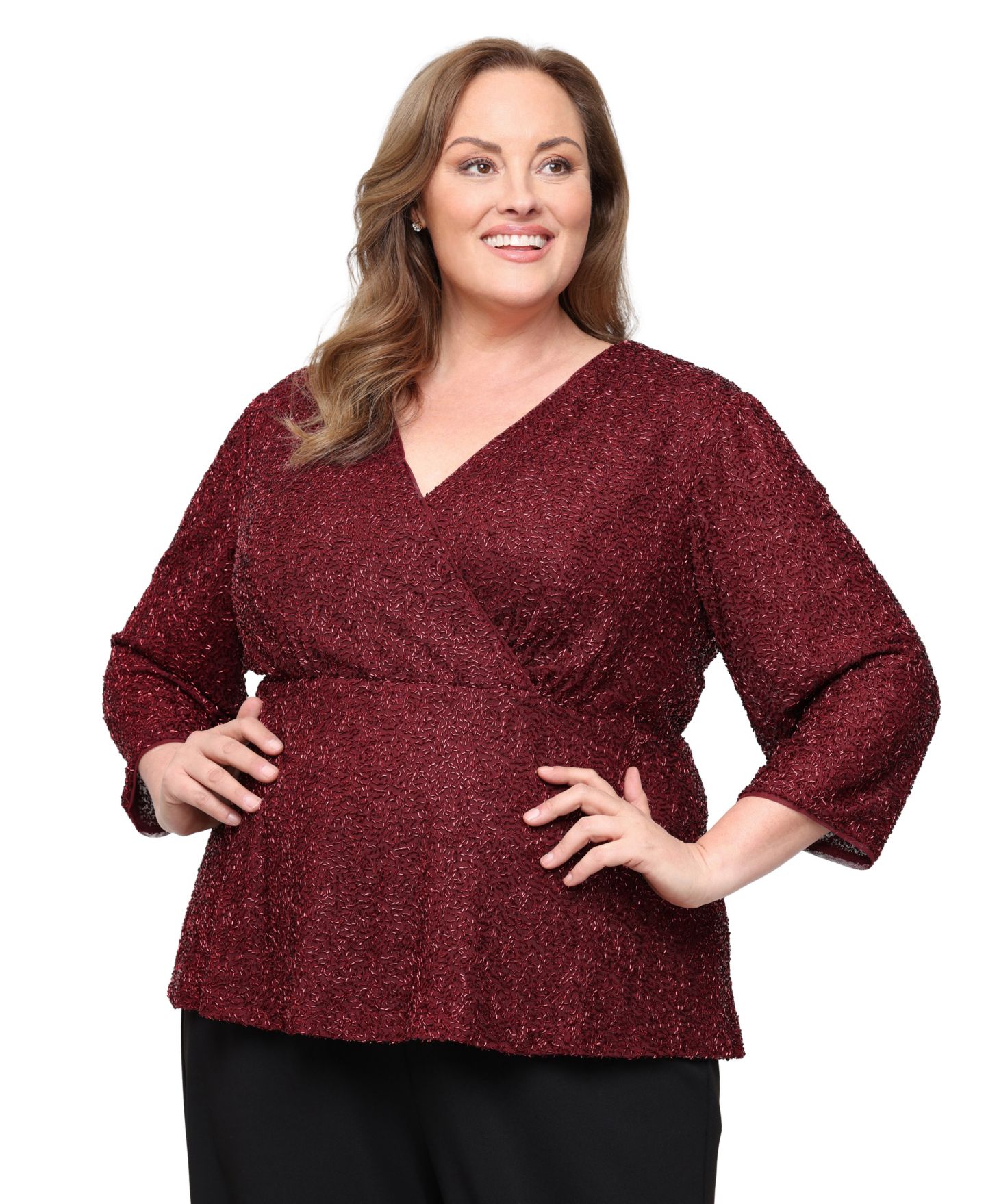 Женская блузка Alex Evenings Plus Size Sequin Surplice 3/4-Sleeve, цвет: Винный — фото 2
