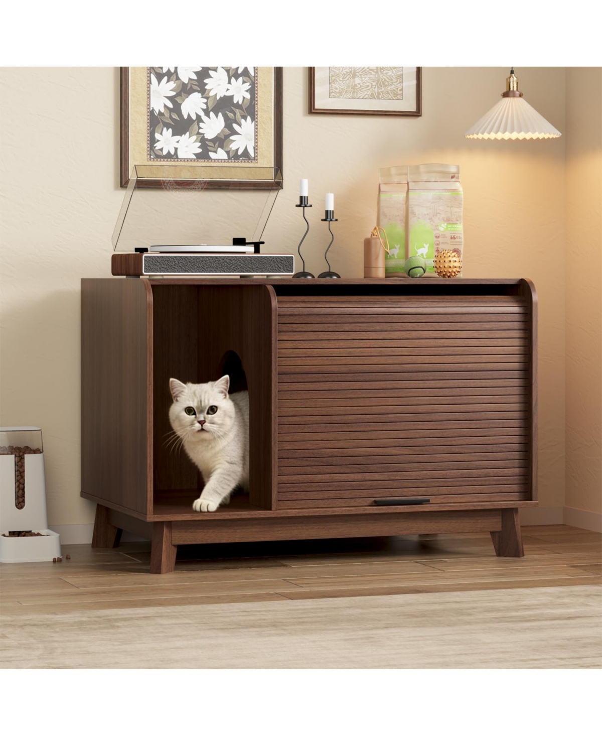 Vabches Mid Century Modern Litter Box Enclosure Furniture with Roll Up Shutter Door - Walnut