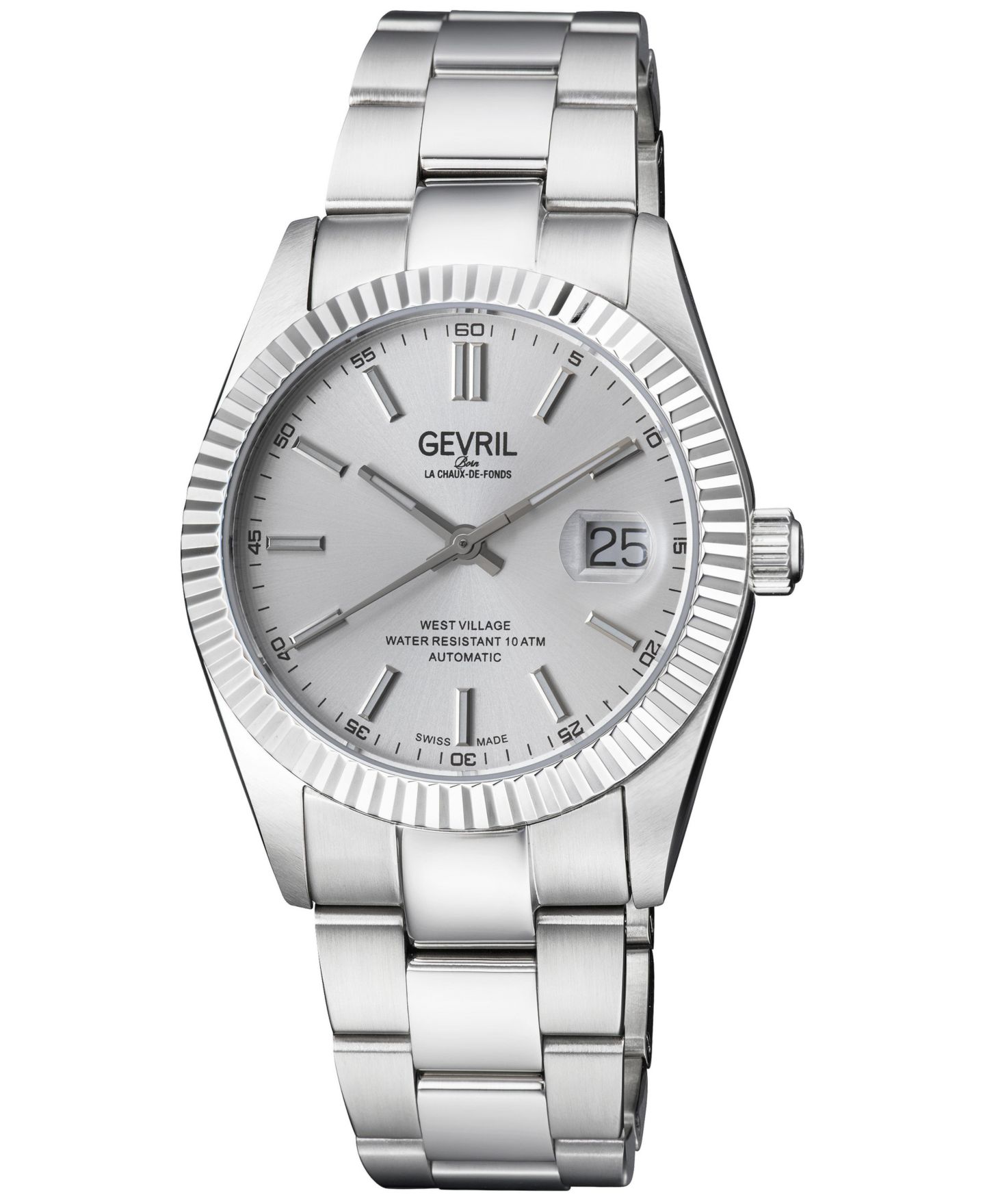 Мужские часы Gevril West Village Swiss Automatic Water-Resistant Silver Stainless Steel Bracelet Watch, 40mm, цвет: Серебряный — фото 1