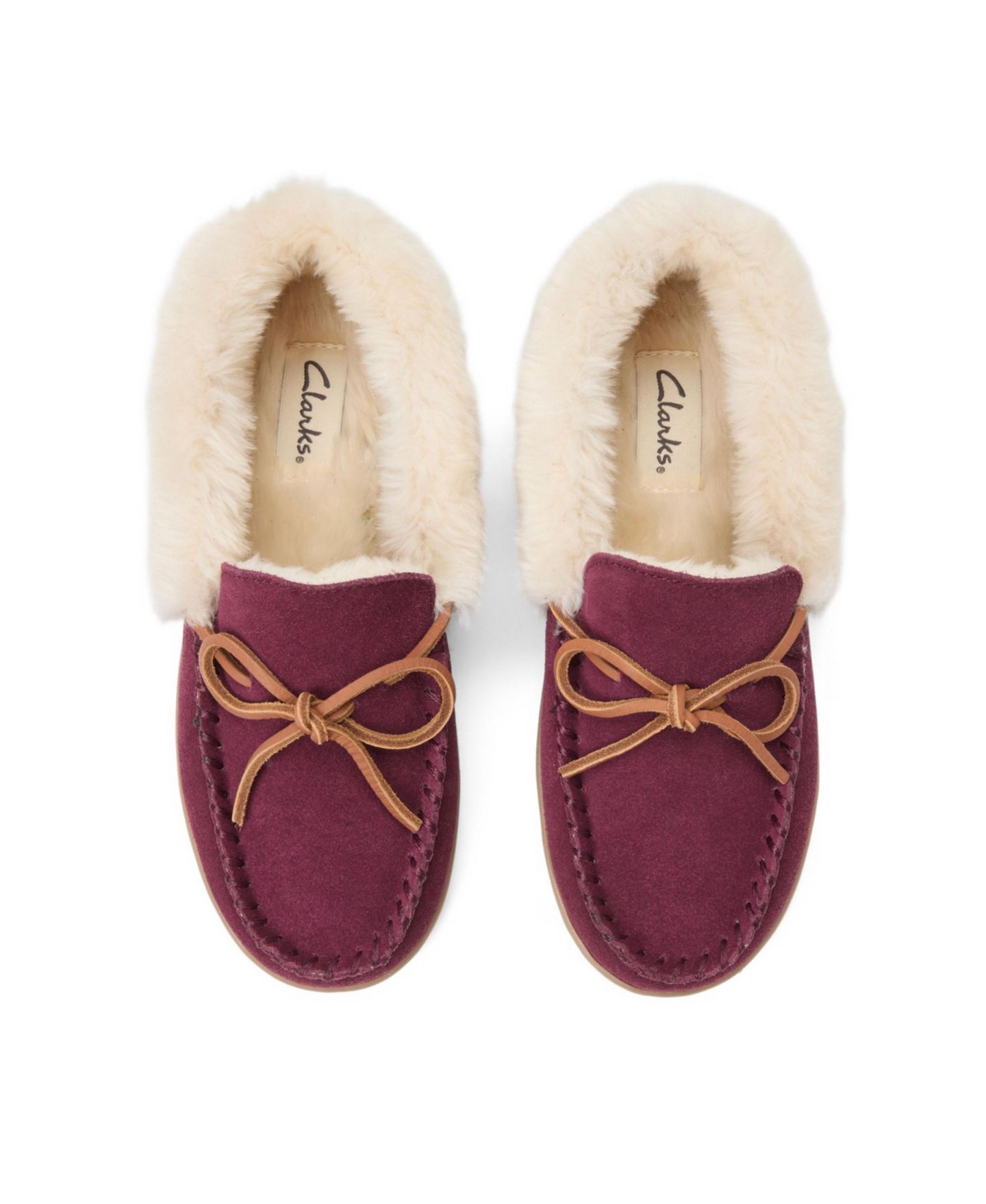 Женские тапочки Clarks Suede Moc With Leather Lacing and Faux Fur Trim Slippers, цвет: Бордовый — фото 4