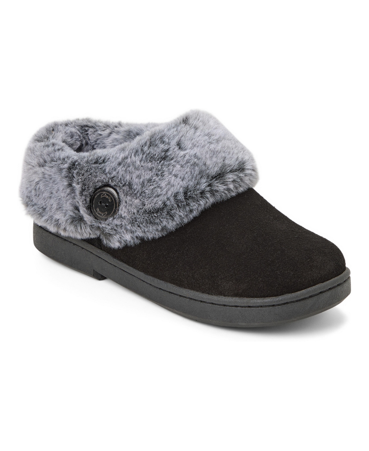 Clarks Women's Suede Clog With Tipped Faux Fur Cuff and Button Detail Slippers