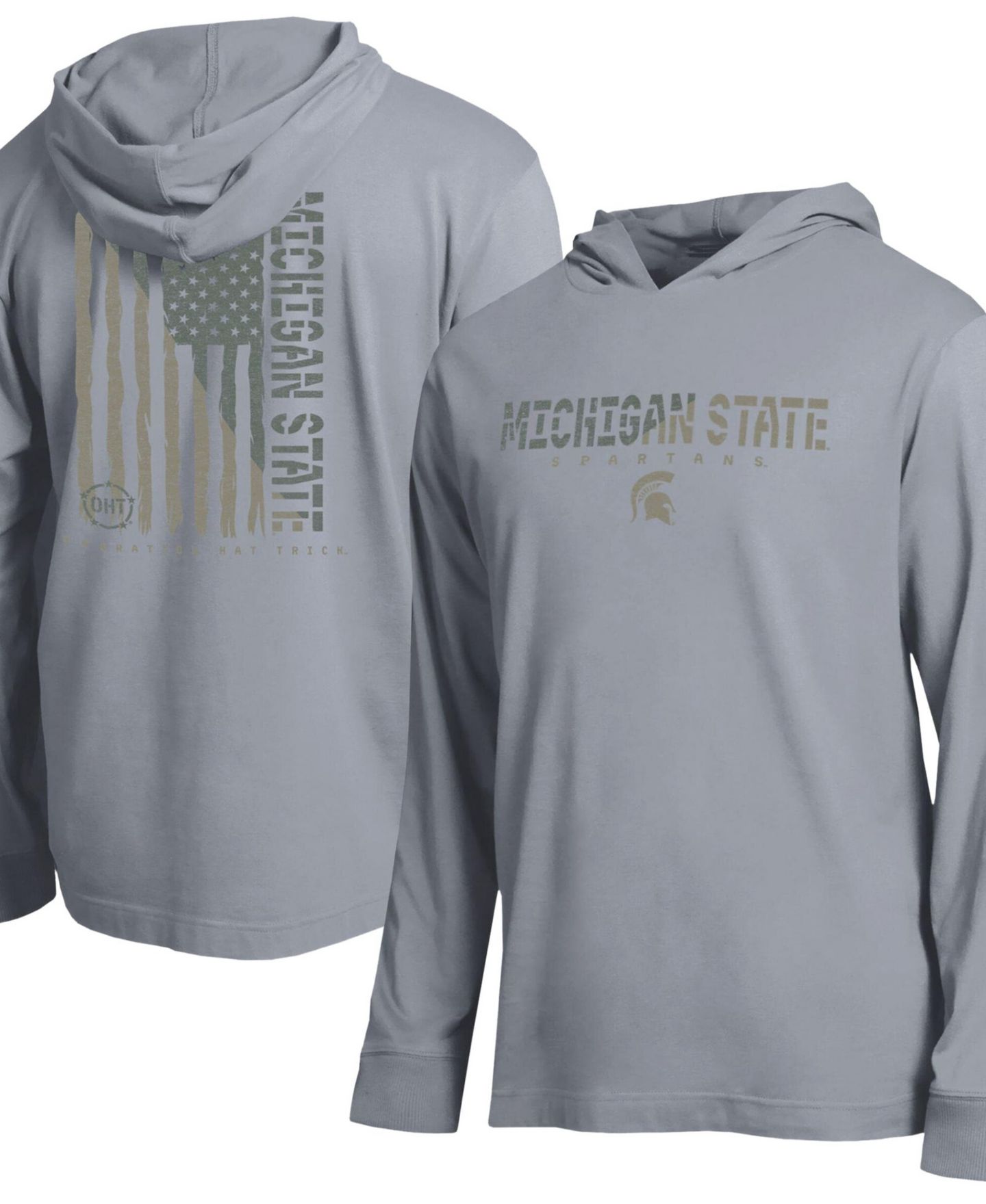 Мужская футболка Champion Heather Gray Michigan State Spartans Operation Hat Trick Flag Hooded Long-Sleeves — фото 1