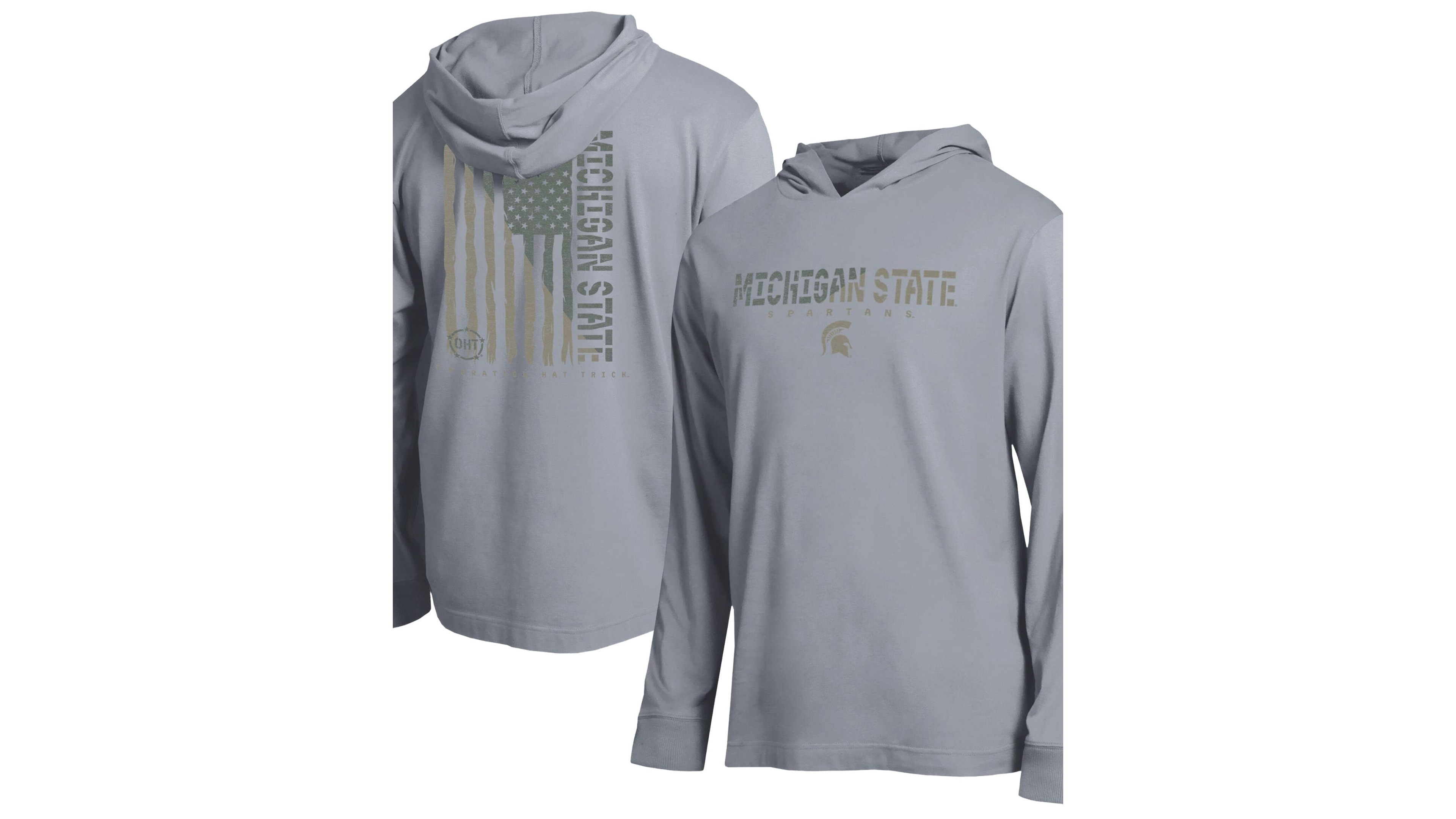Champion Men's Heather Gray Michigan State Spartans Operation Hat Trick Flag Hooded Long-Sleeves T-Shirt