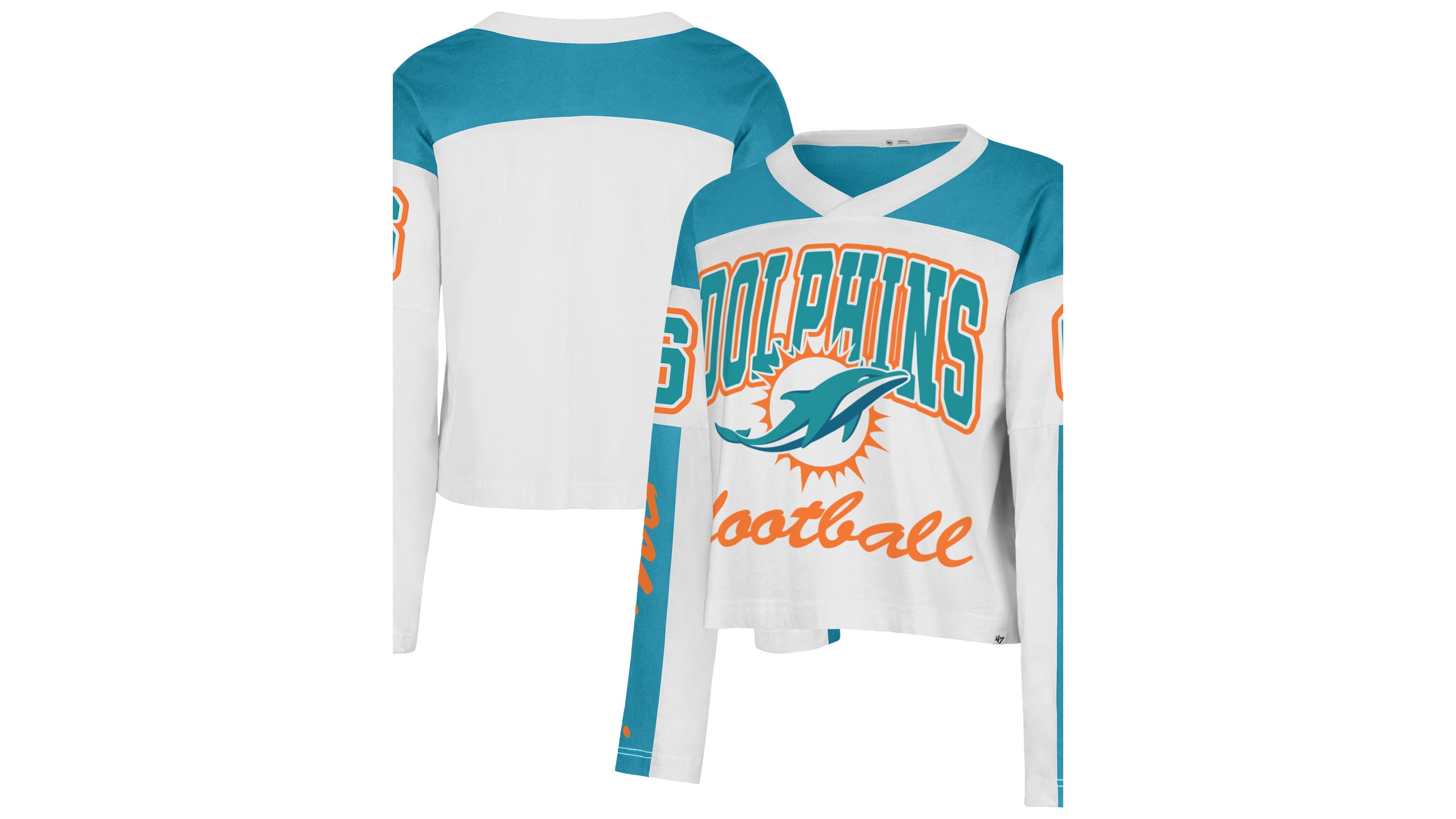 '47 Brand Women's White Miami Dolphins Exclamation Metro V-Neck Long-Sleeves Jersey T-Shirt