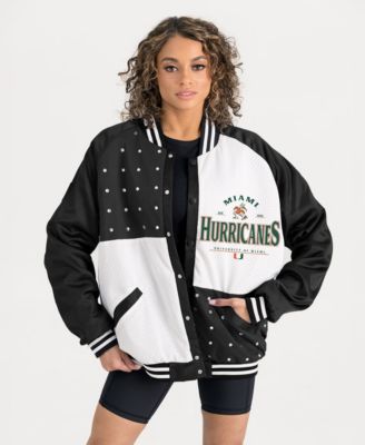Women's Black Miami Hurricanes Oversized Inner Drive Varsity Rhinestone Full-Snap Bomber Jacket