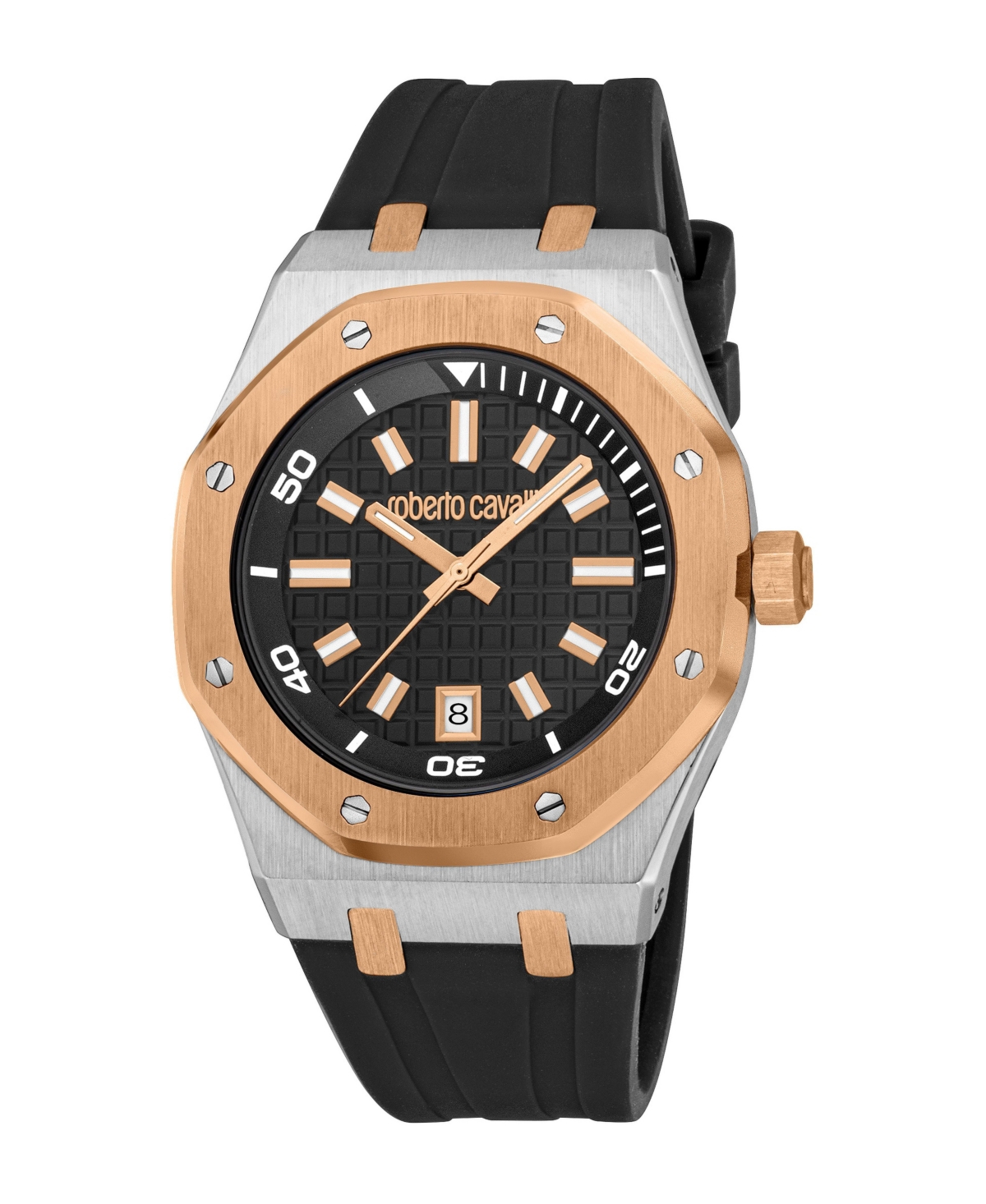 Roberto Cavalli Men's Quartz Two-Tone Stainless Steel Sport Black Silicone Strap Watch, 42mm - Silver
