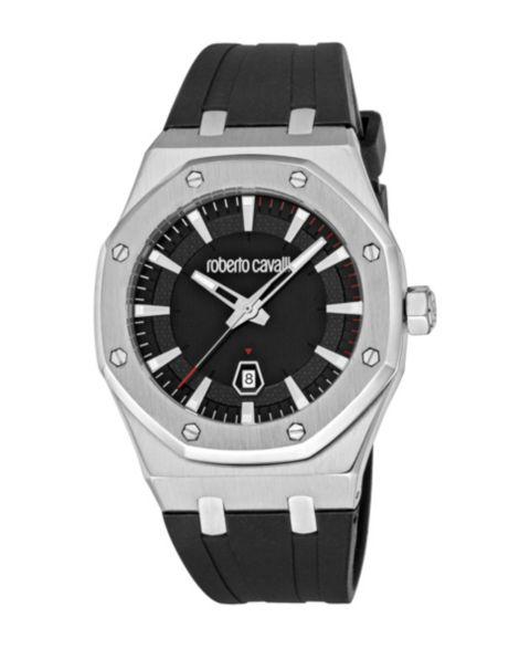 Мужские часы Roberto Cavalli Quartz Octagonal Silicone, 42mm, цвет: Серебряный