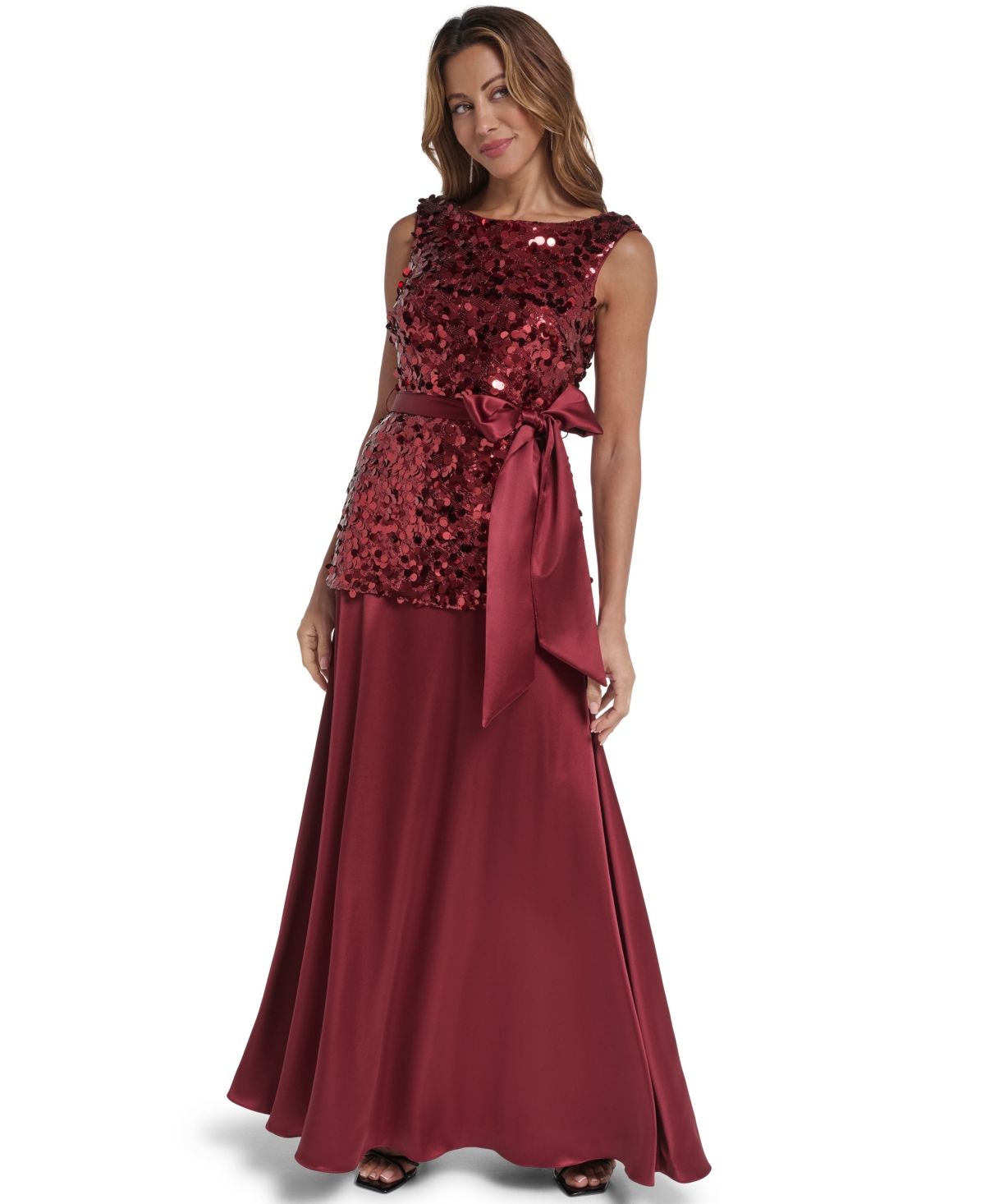 Eliza J Women's Sequin Ball Gown Boat Neck Dress - Wine