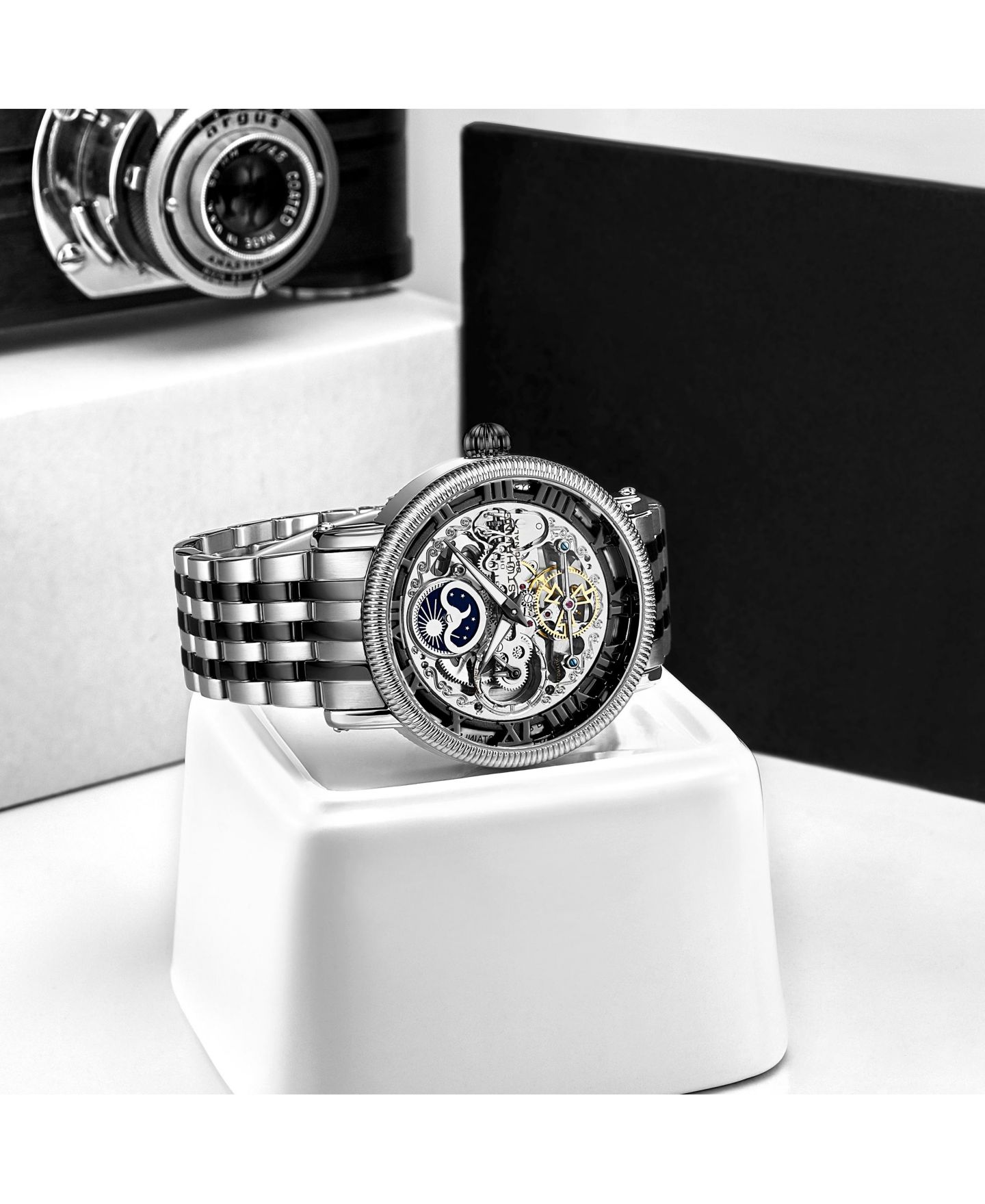 Мужские часы Stuhrling Original Model 3922 Skeleton Automatic Stainless Steel Link Bracelet Watch, цвет: Чёрный — фото 2