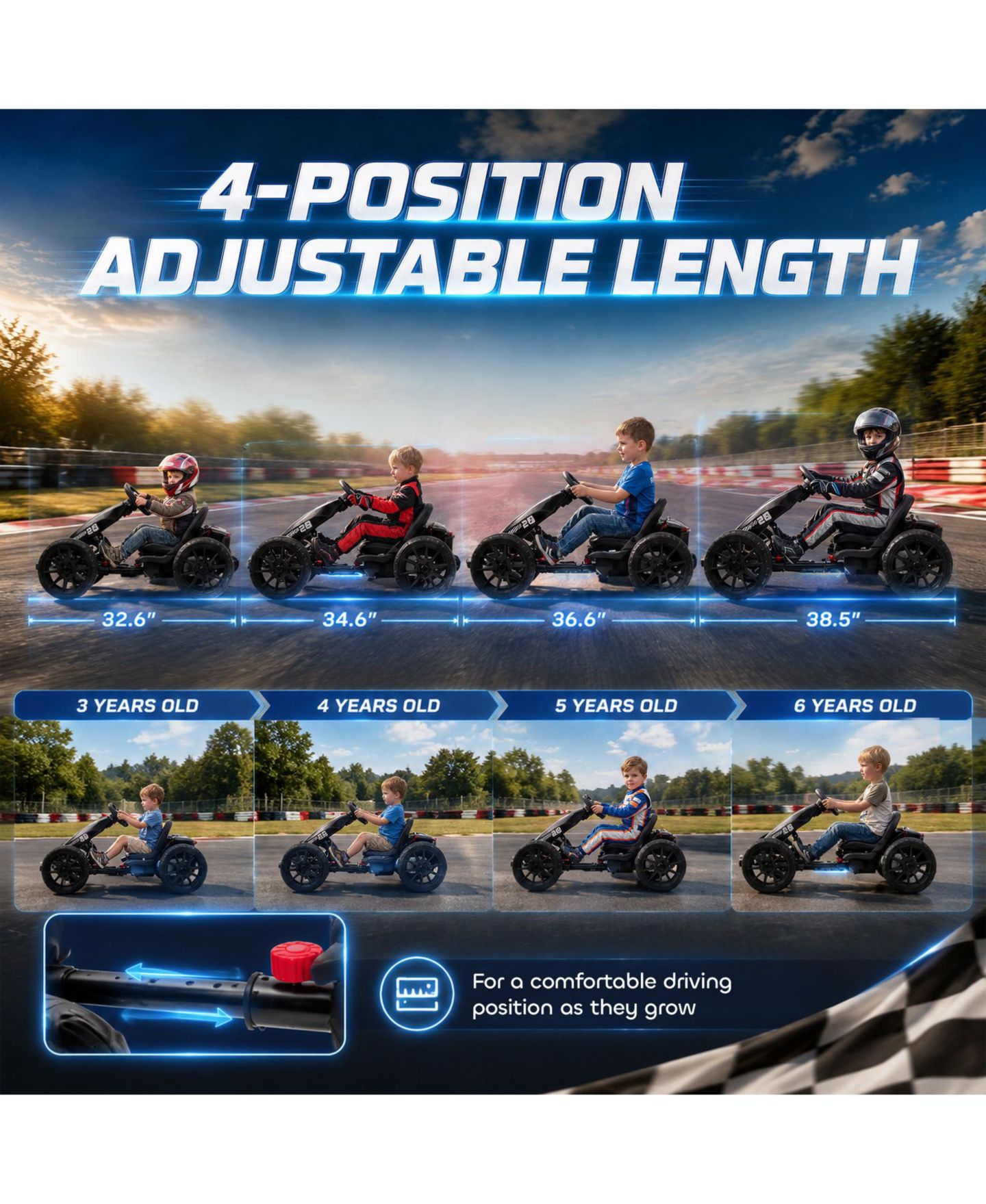 Детская игрушка Glintex 12V Electric Go Kart with Four Length Settings and LED Headlights, Up to 25 kg, 3–6 лет, цвет: Чёрный — фото 6