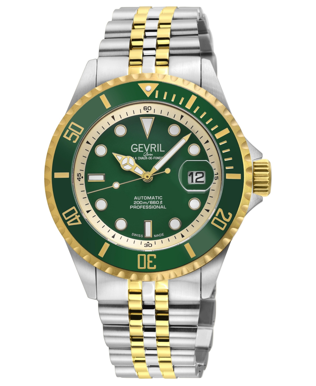 Gevril Men's Swiss Automatic Wall Street Green Dial Two-Tone Stainless Steel Bracelet Watch, 43mm - Silver