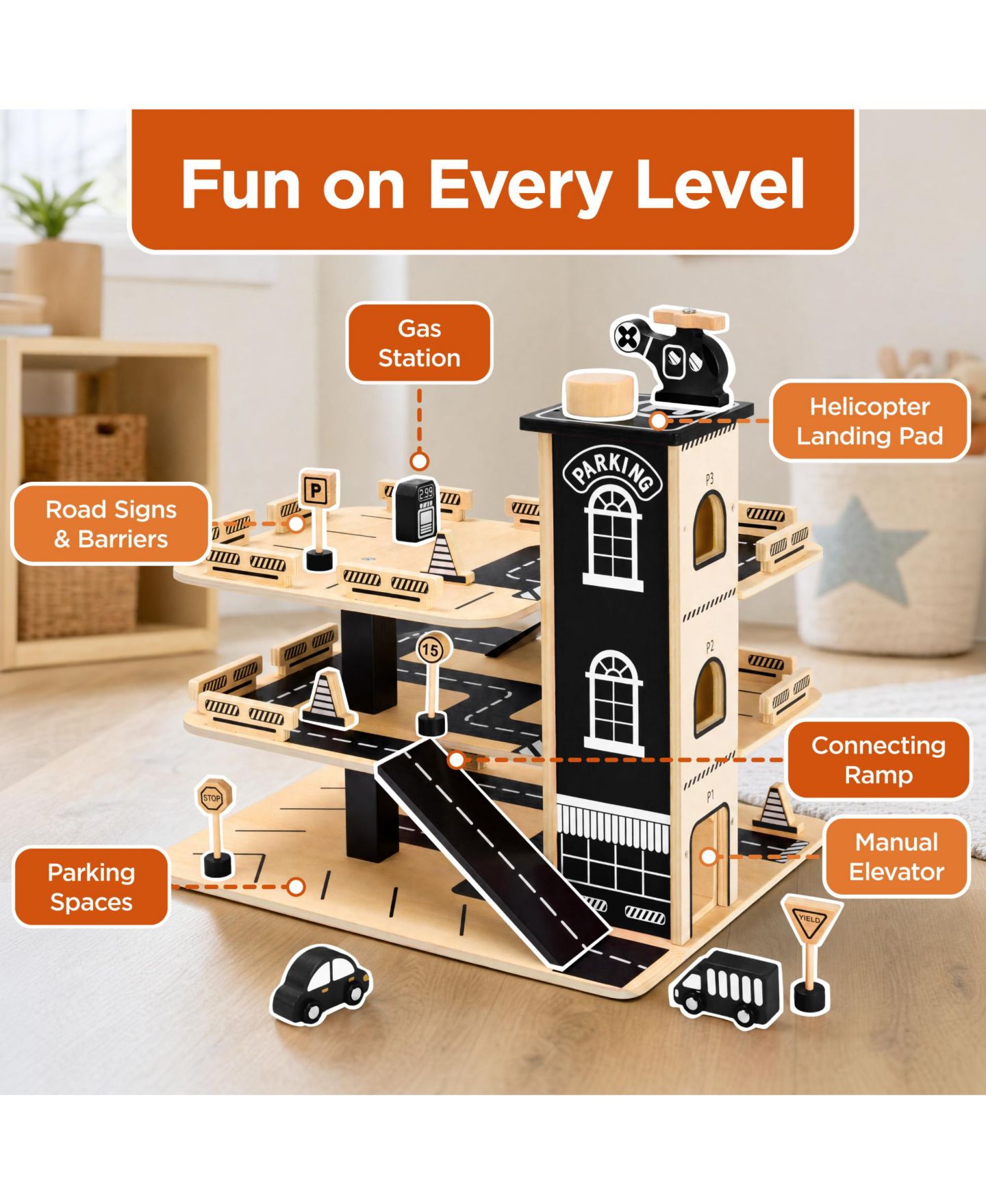 Детский игровой набор Best Choice Products Working Elevator 3-Story Wooden Parking Garage Playset, 17.1" x 14.4" x 15", цвет: Чёрный — фото 5