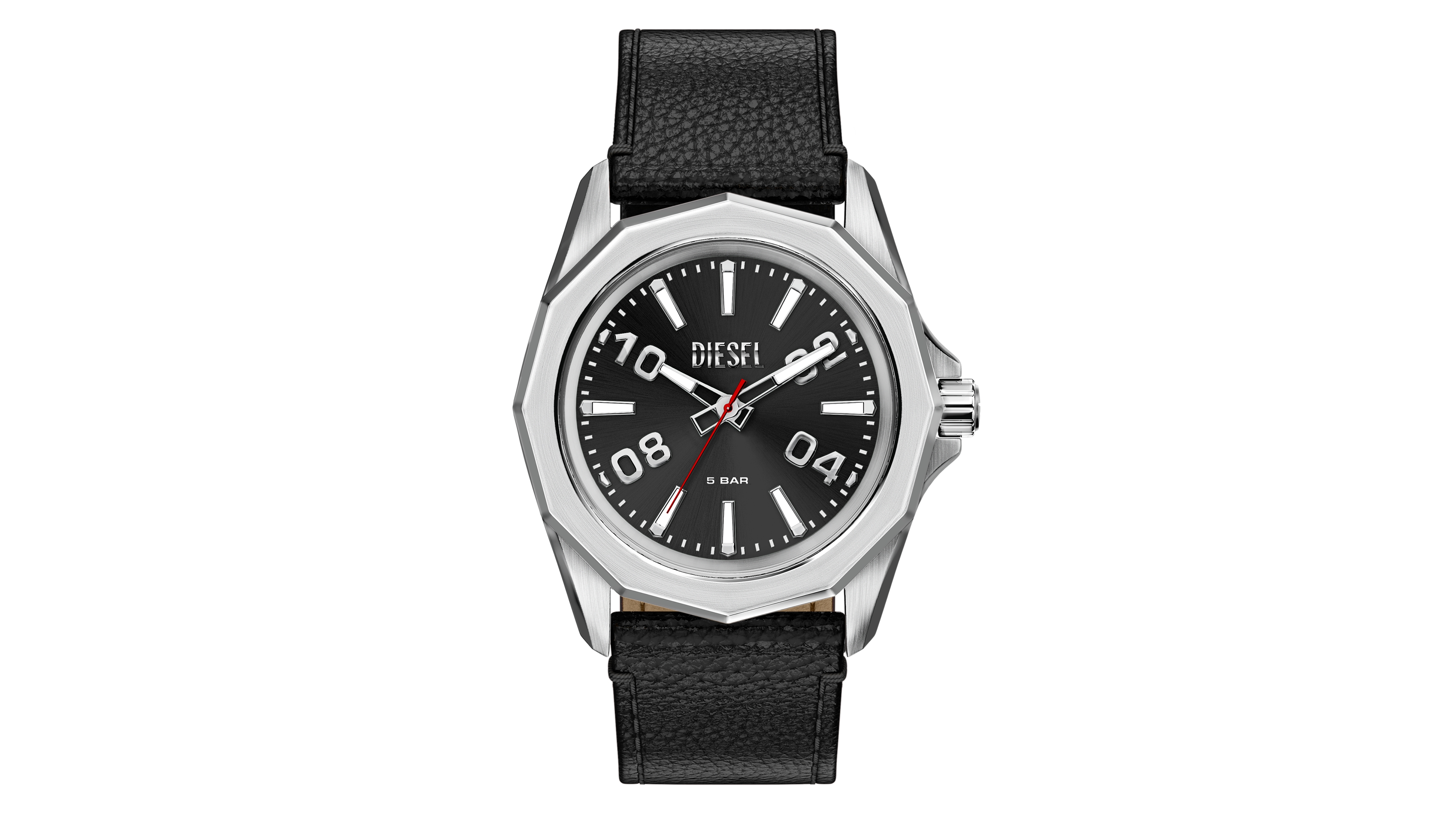 Diesel Men's Quartz Water-Resistant Stinger 3H Black Leather Watch 44mm