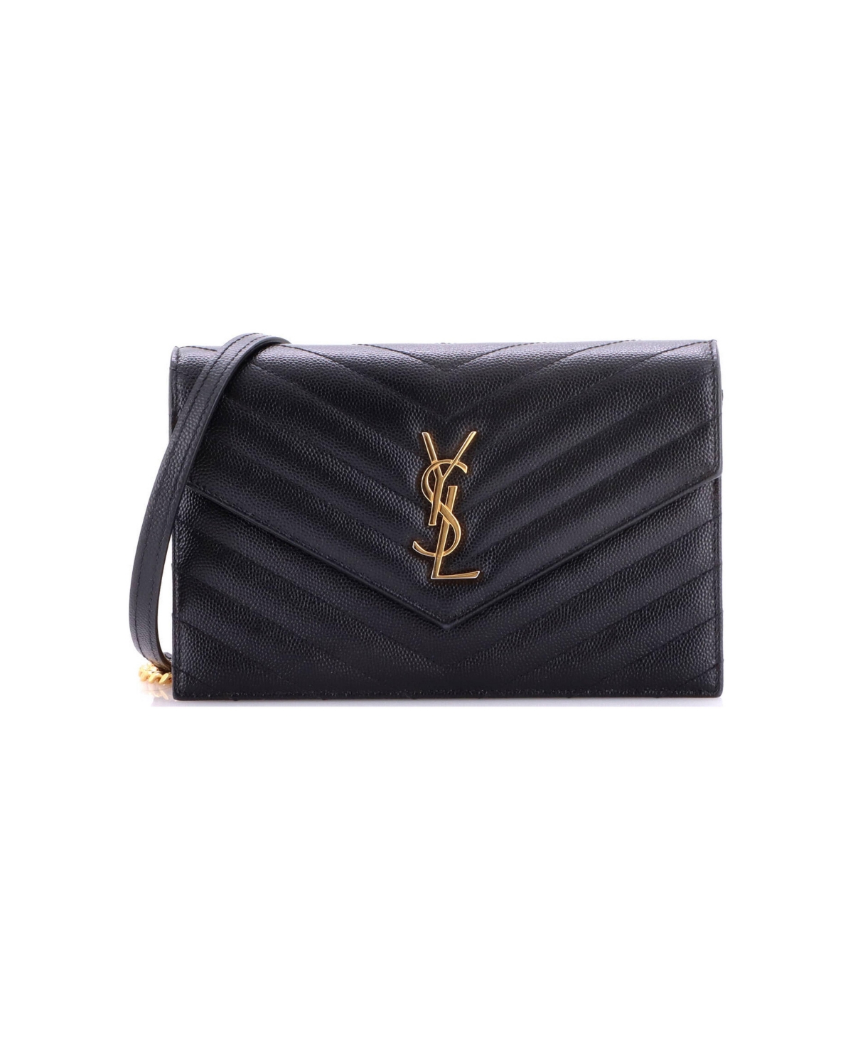 Pre-Owned Saint Laurent Small Classic Monogram Wallet on Chain Matelasse Chevron Leather - Black