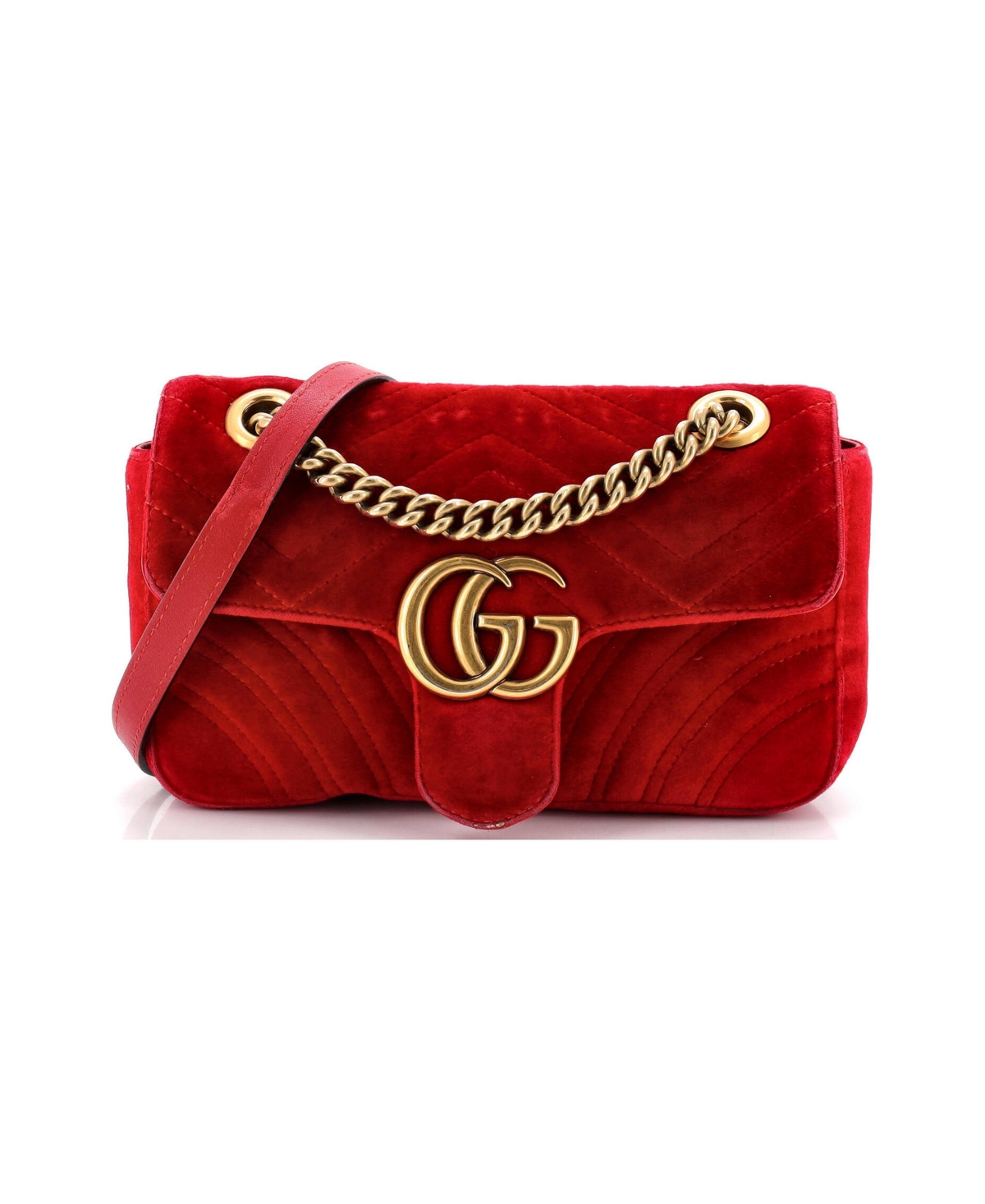 Pre-Owned Gucci Mini Gg Marmont Flap Bag Matelasse Velvet - Red