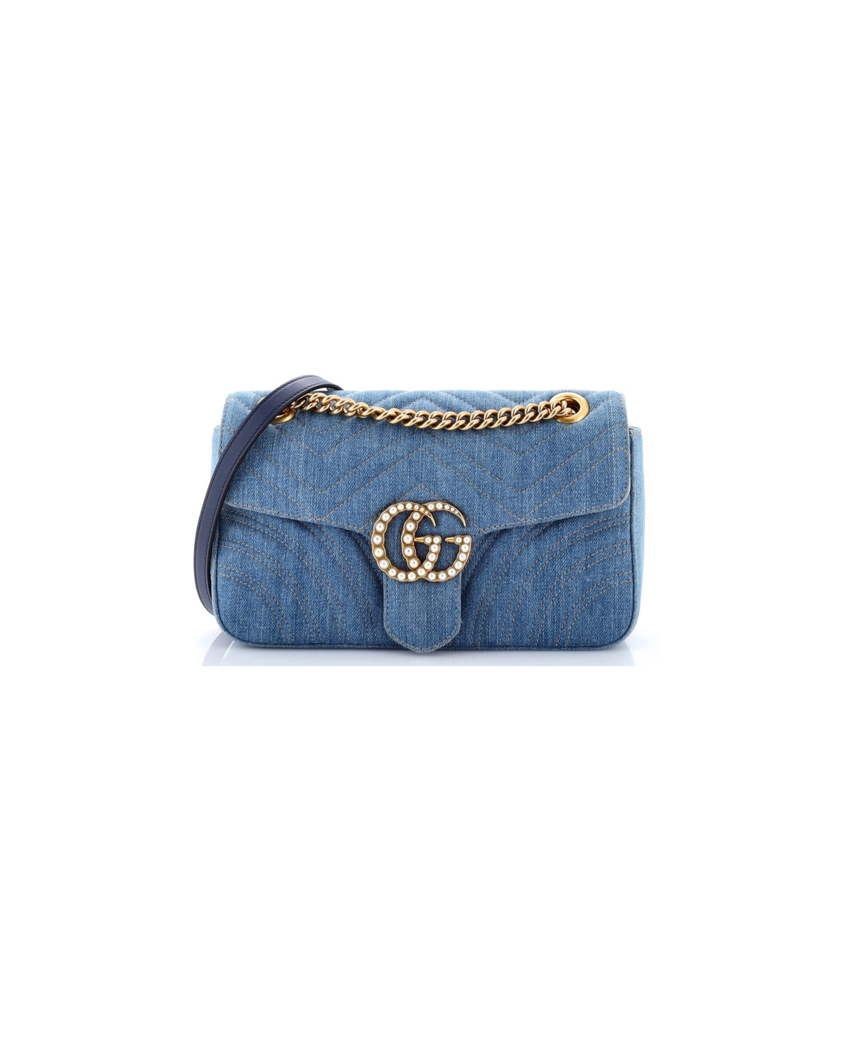 Pre-Owned Gucci Small Pearly Gg Marmont Flap Bag Matelasse Denim - Blue