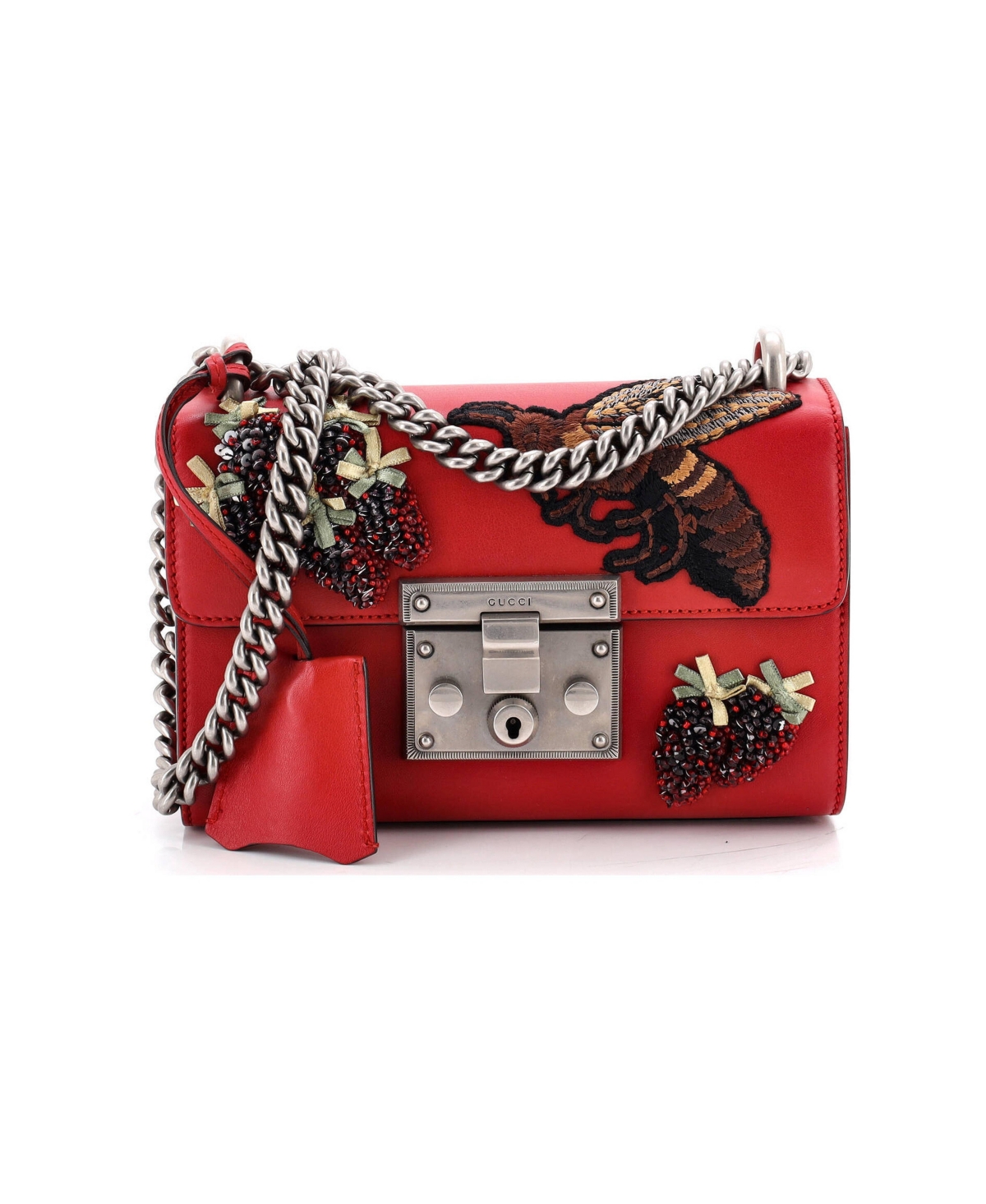 Pre-Owned Gucci Small Padlock Shoulder Bag Embellished Leather - Red