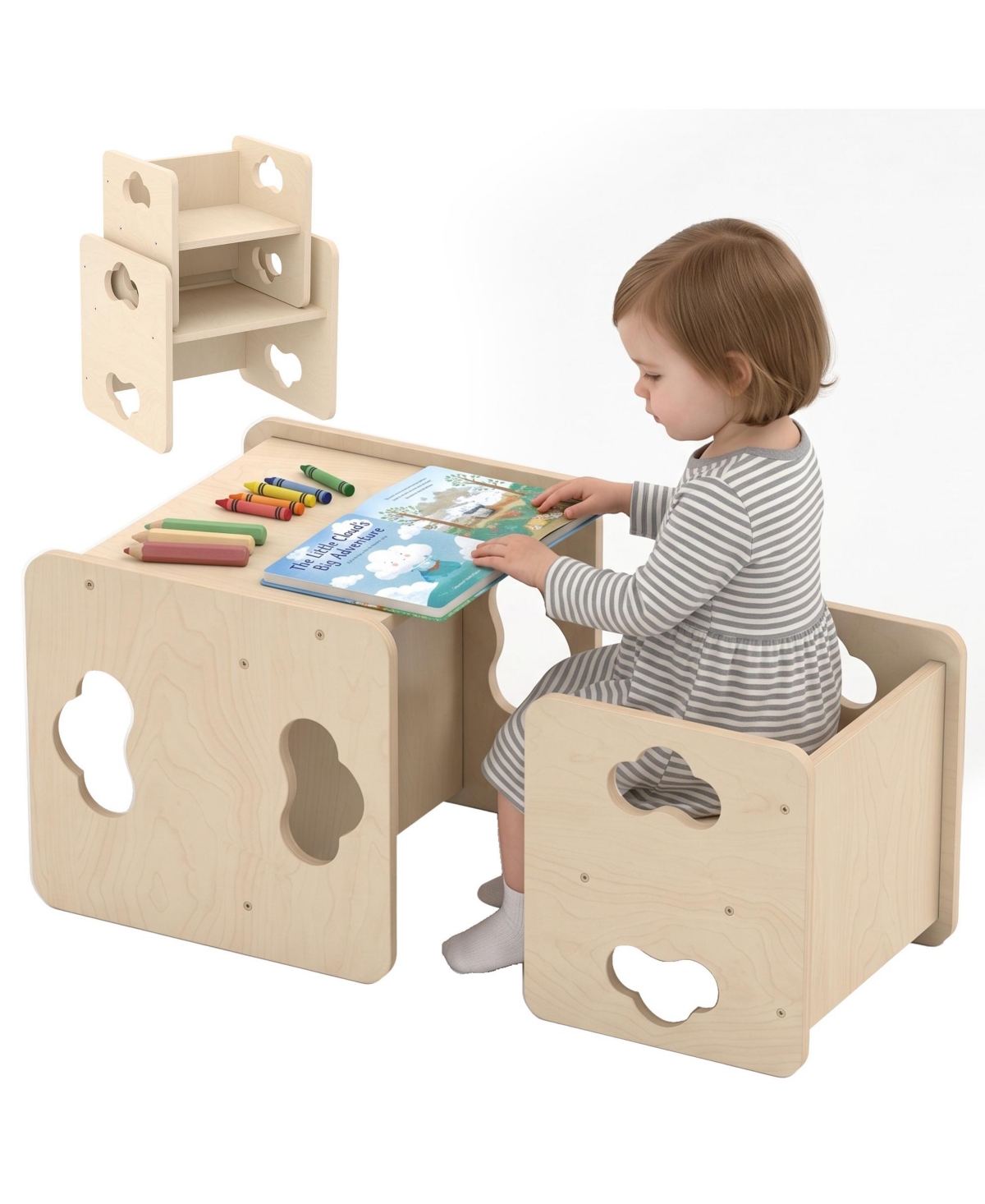 Qaba Montessori Kids Table and Chair Set with 3-Level Heights for 18-36 M - Natural wood finish