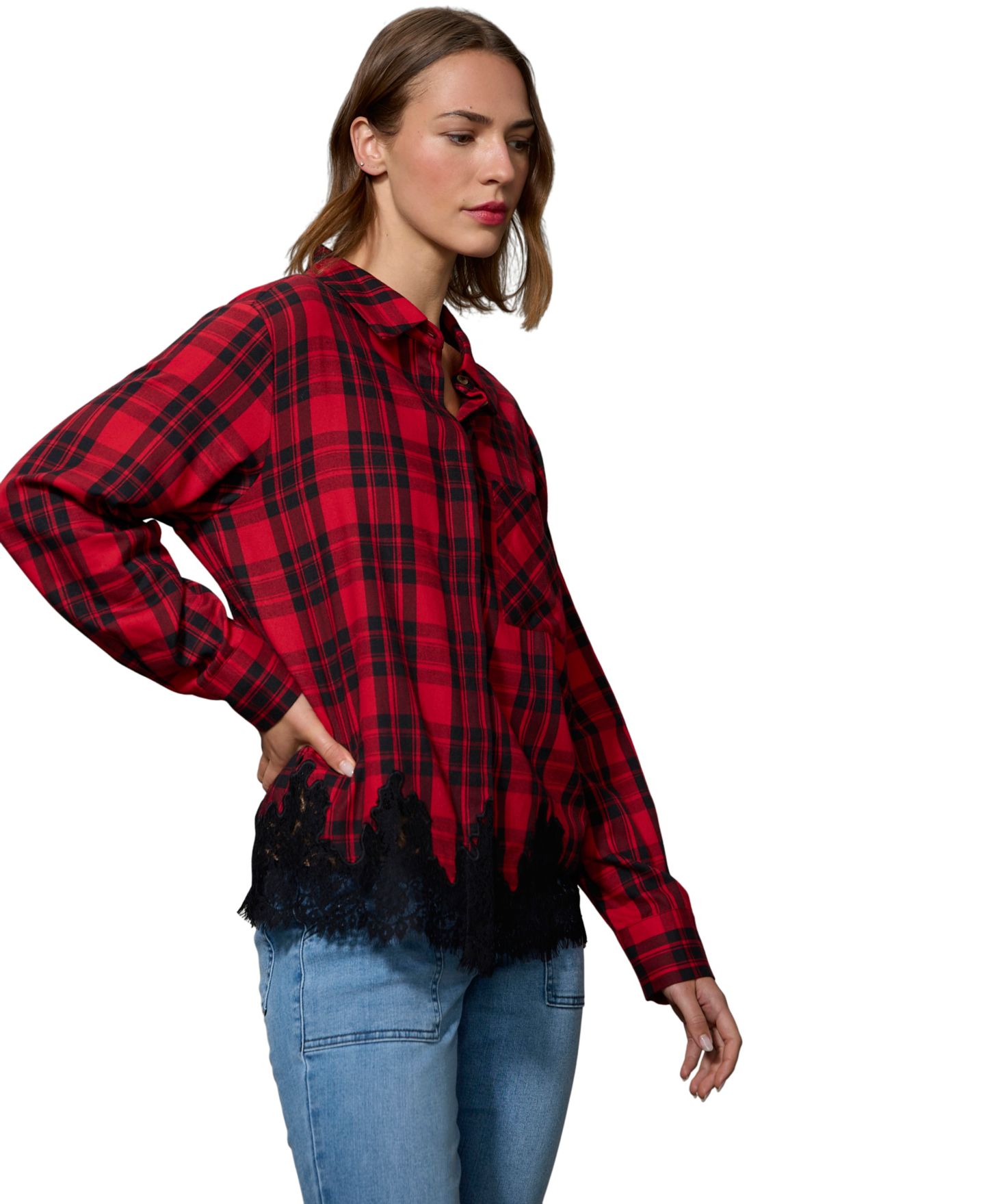 Женская блузка Sanctuary Best Long-Sleeve Plaid Lace-Hem, цвет: Клетчатый — фото 3