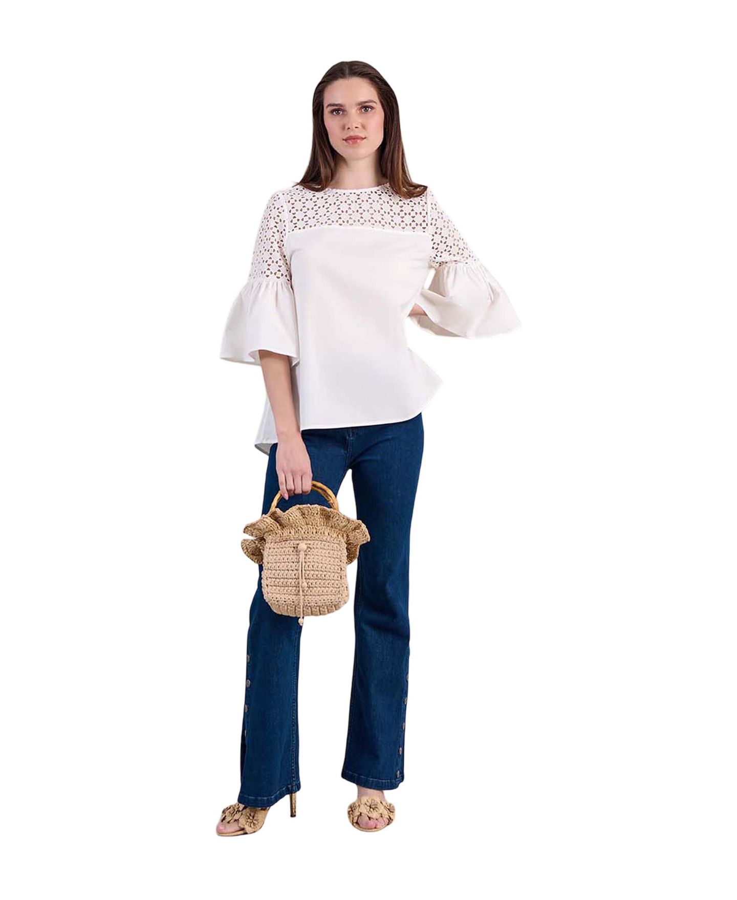 Женская футболка Anne Fontaine Piper Bell-Sleeve Geometric Eyelet Cotton-Blend Poplin, цвет: Белый — фото 2