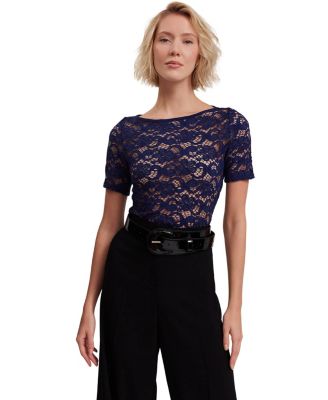 Women's Portrait Lace Boat Neck Short-Sleeve Stretch T-Shirt