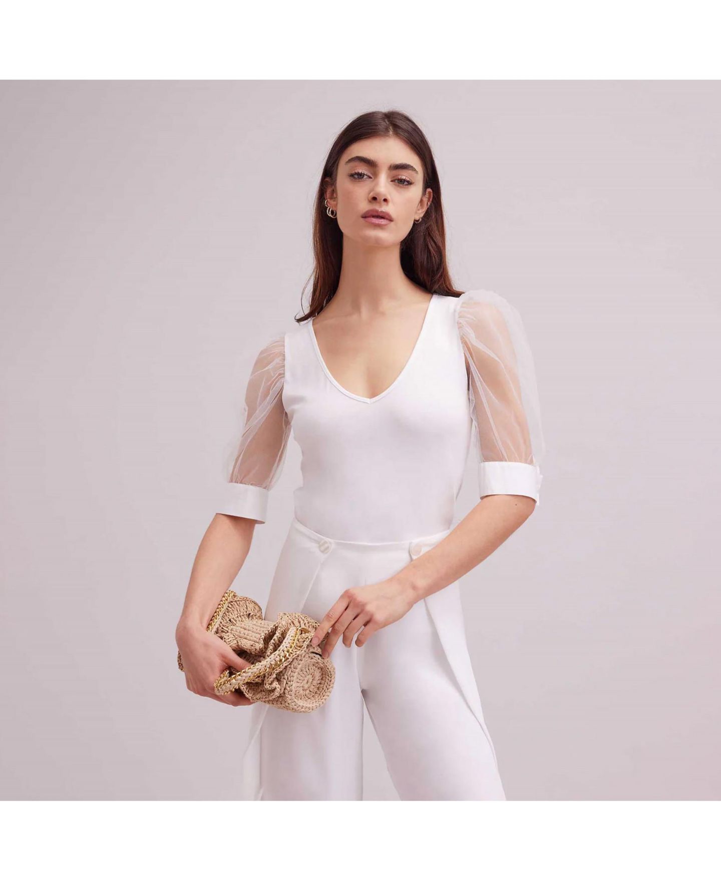 Женская футболка Anne Fontaine Aerial V-Neck Sheer Mesh Sleeves, цвет: Белый — фото 4