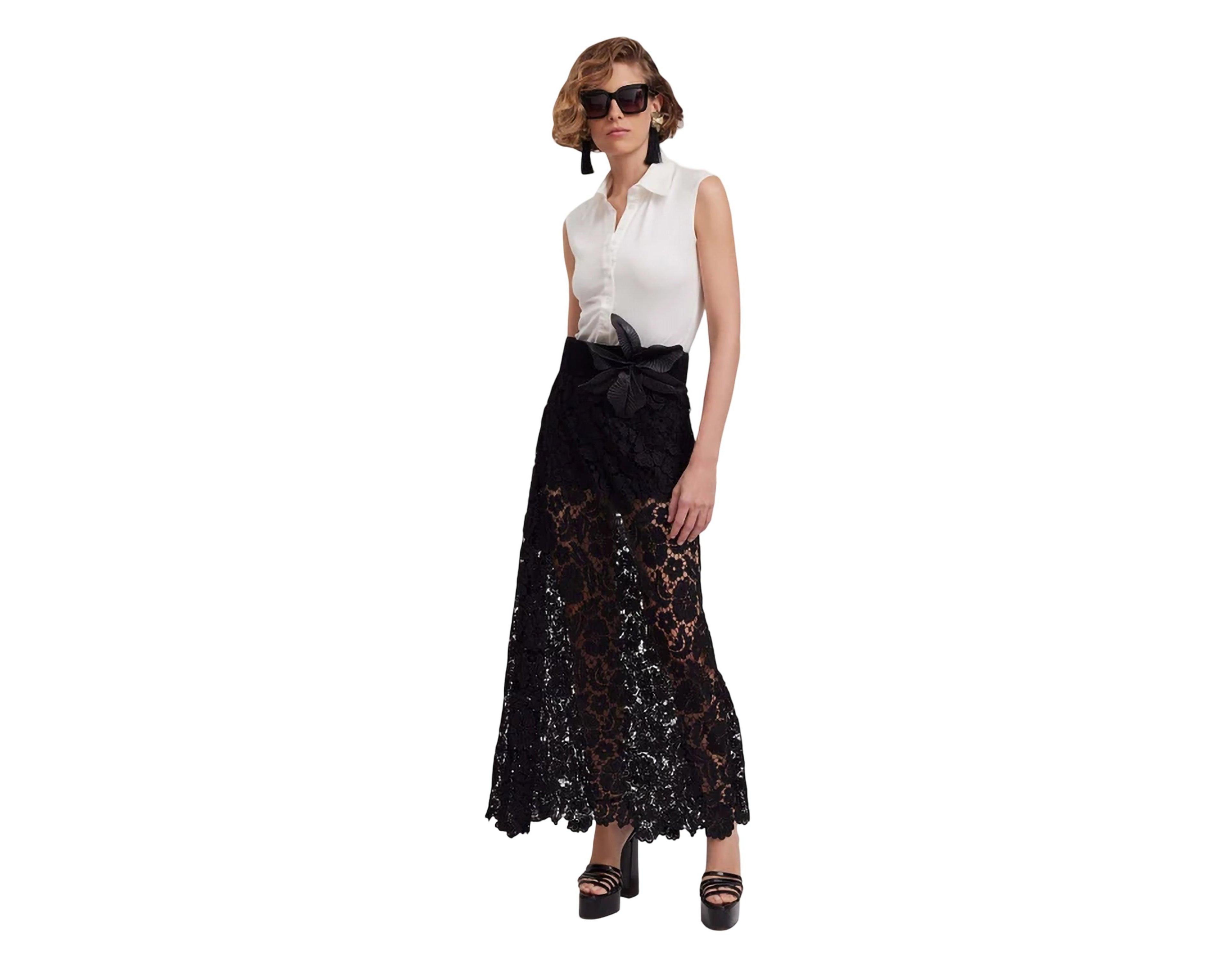 Anne Fontaine Women's Cap Floral Embroidered Ruffle Waist Maxi Skirt