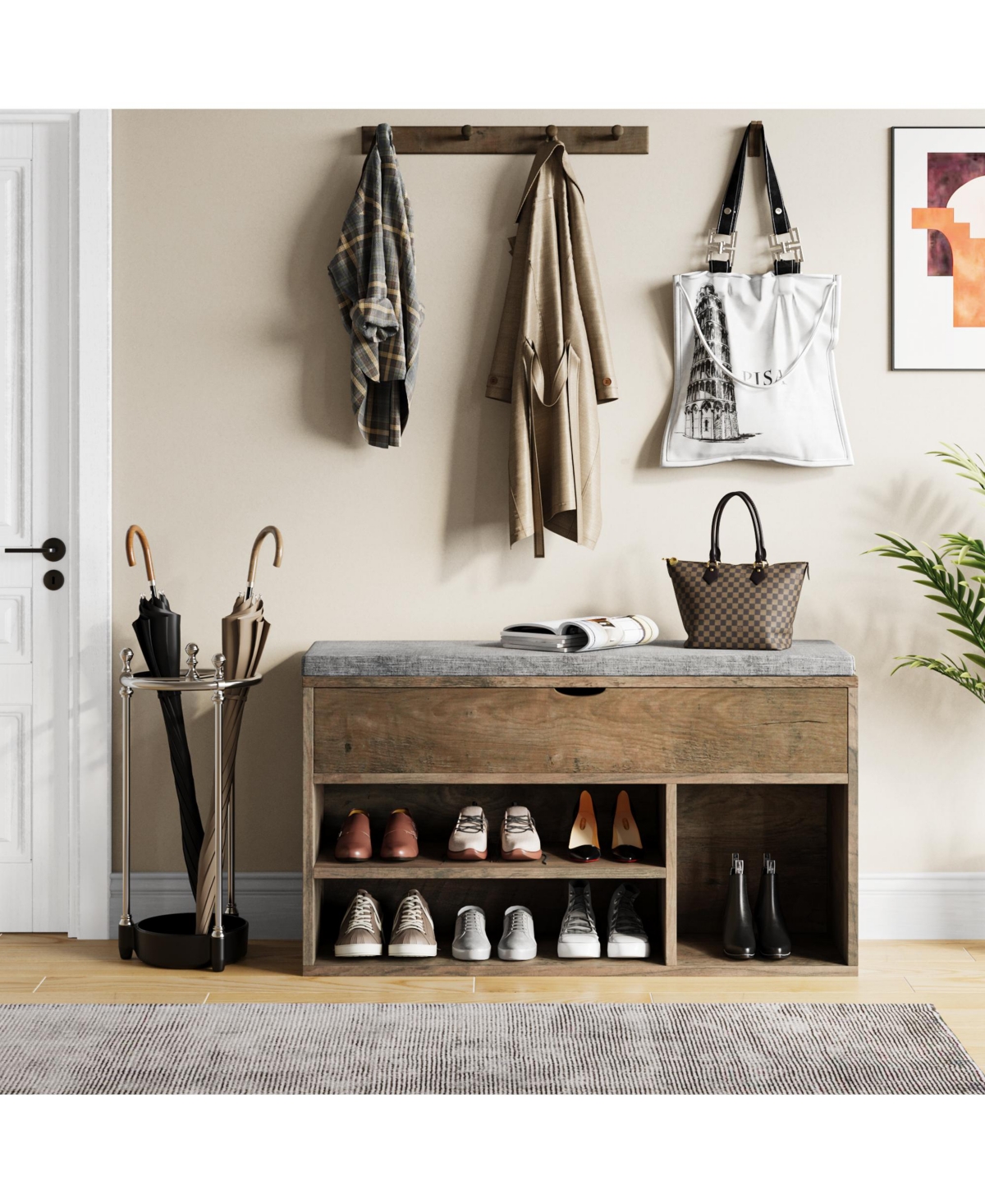 homfan Shoe Storage Bench with Cushioned Seat, Upholstered Entryway