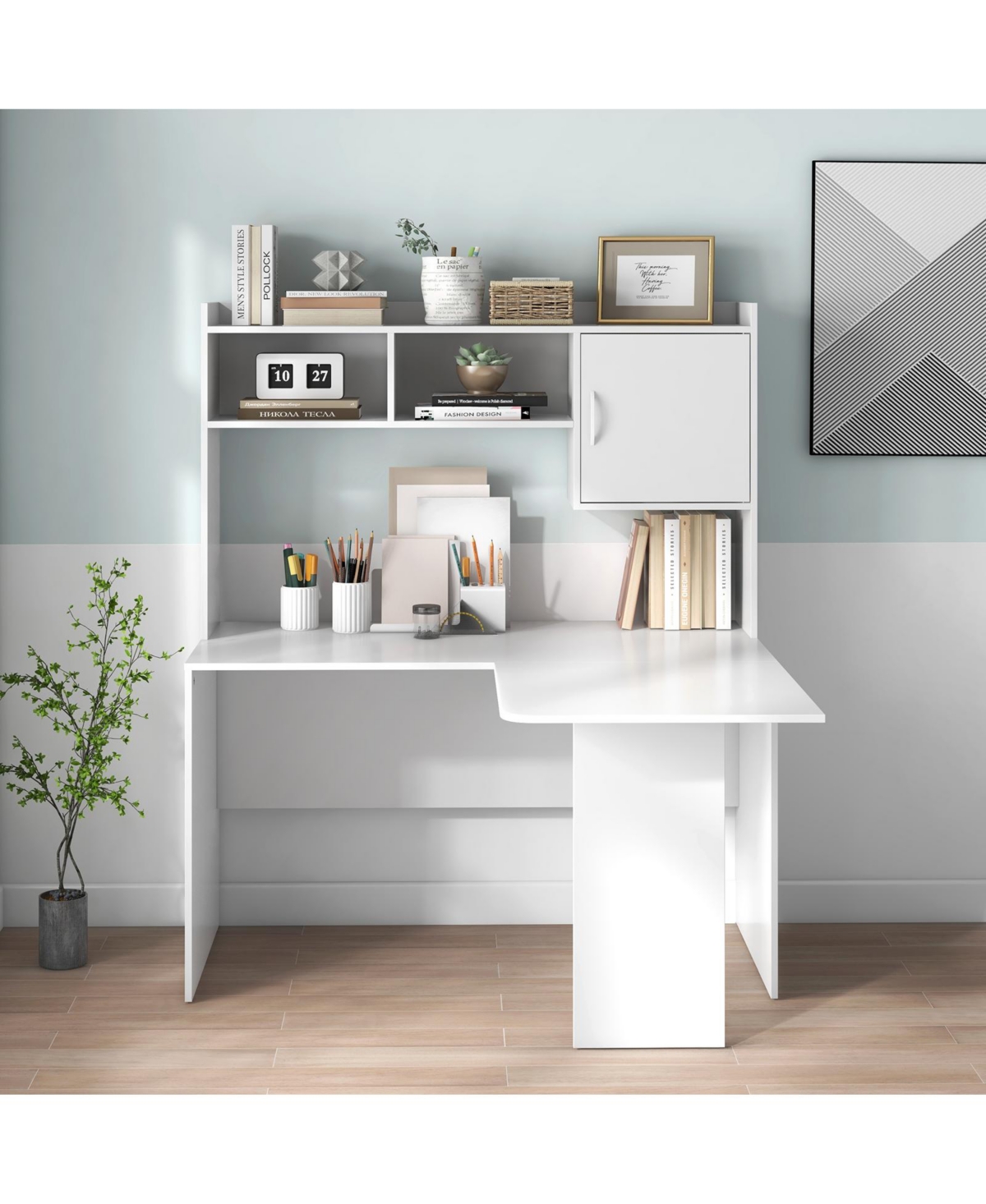 Mecale L-Shaped Corner Computer Desk with Storage Hutch and Cabinet