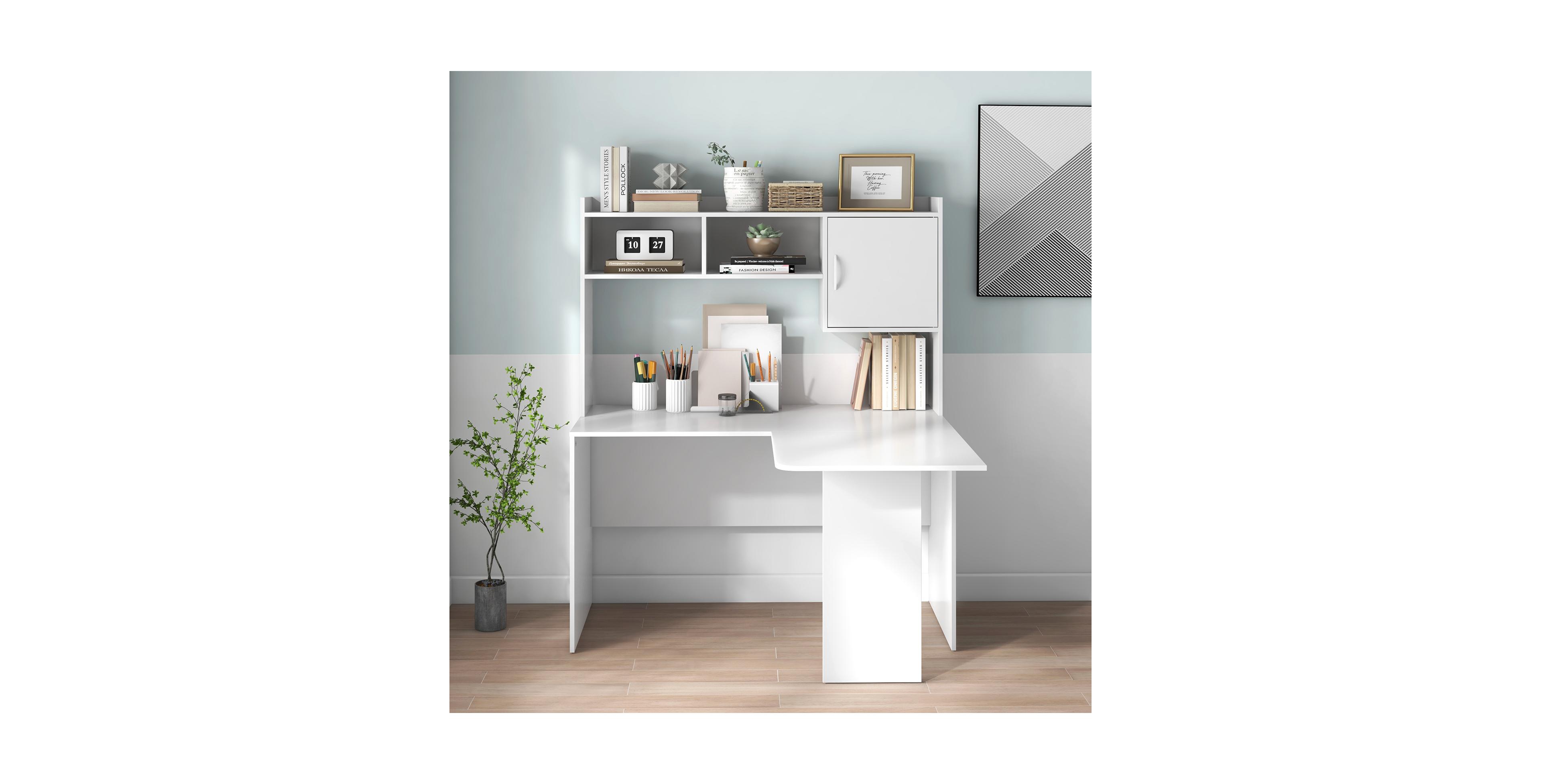Mecale L-Shaped Corner Computer Desk with Storage Hutch and Cabinet